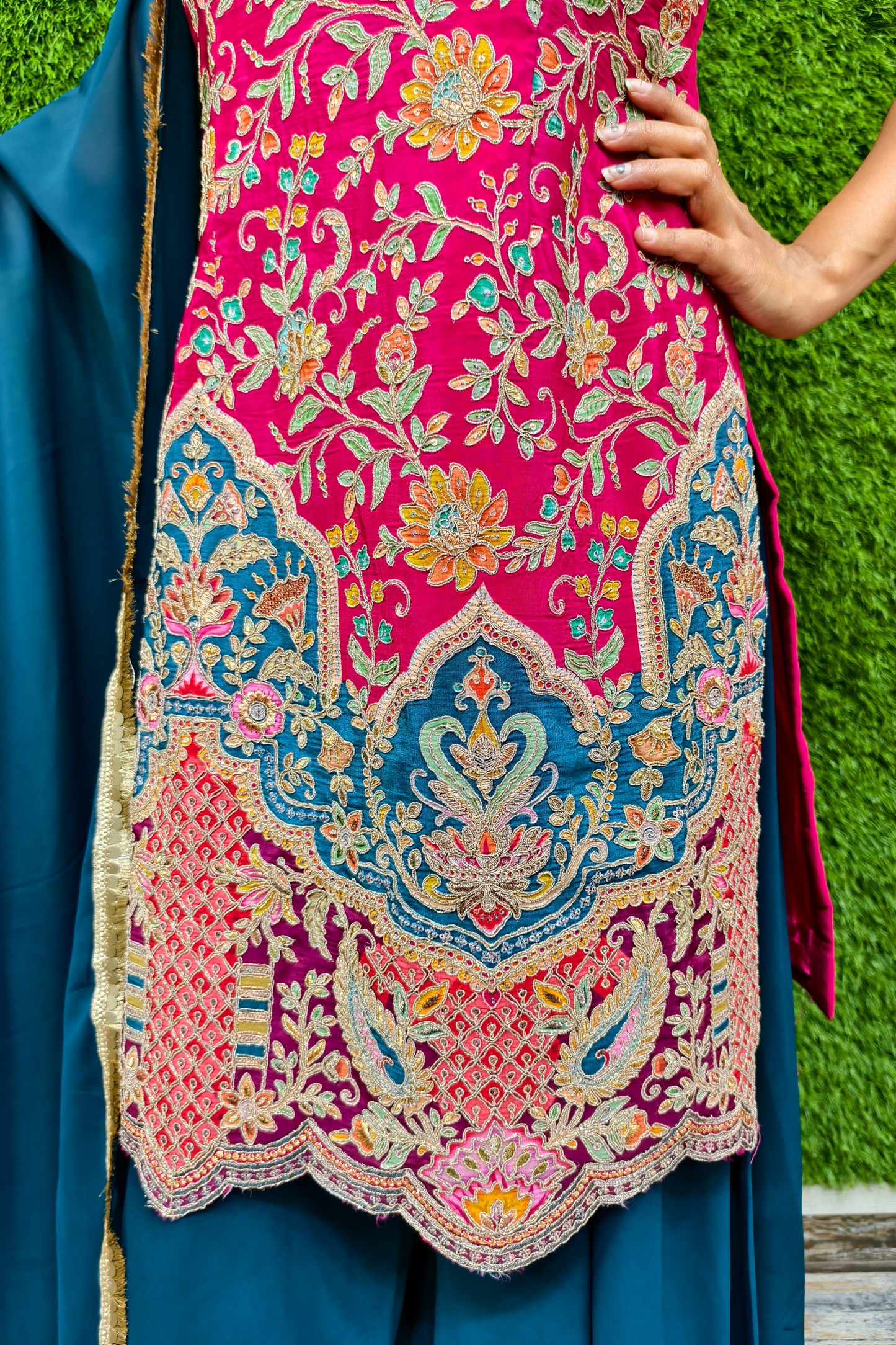 Beautiful Partywear Contrast Sharara Suit in hot Pink