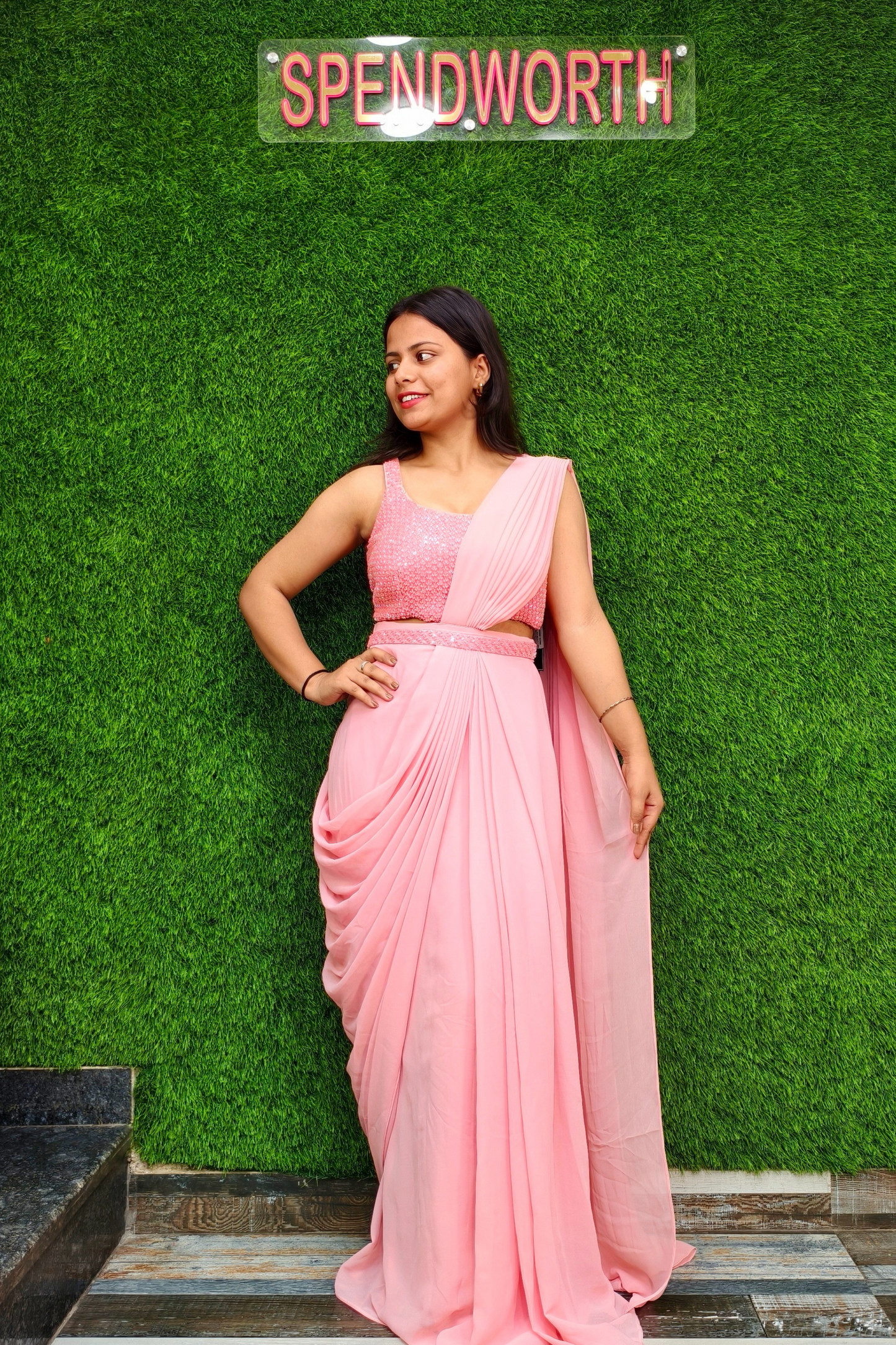 Girlish Ready to wear Drape Saree in Pink.