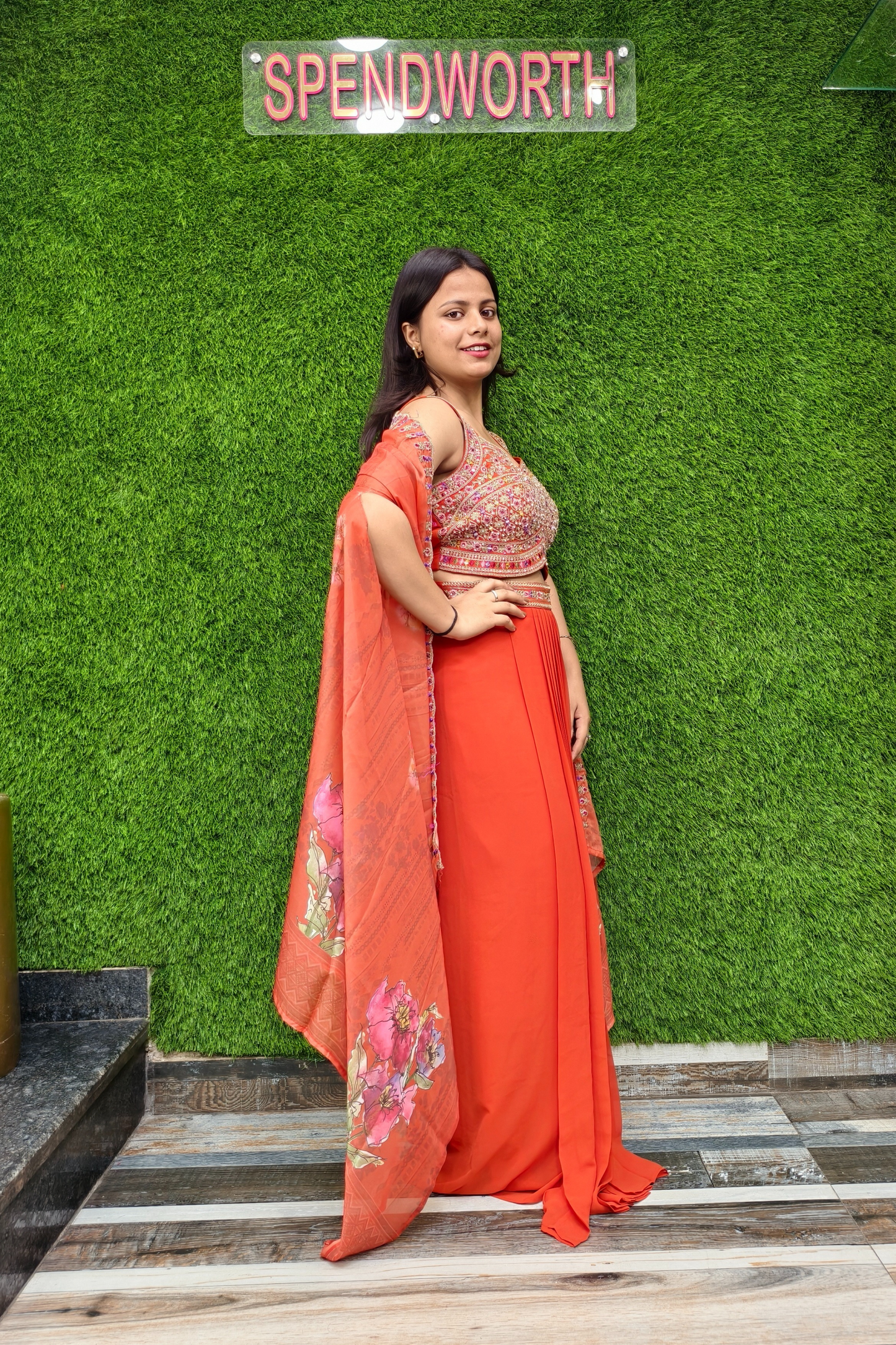 Beautiful Indo western dress with shrug in orange