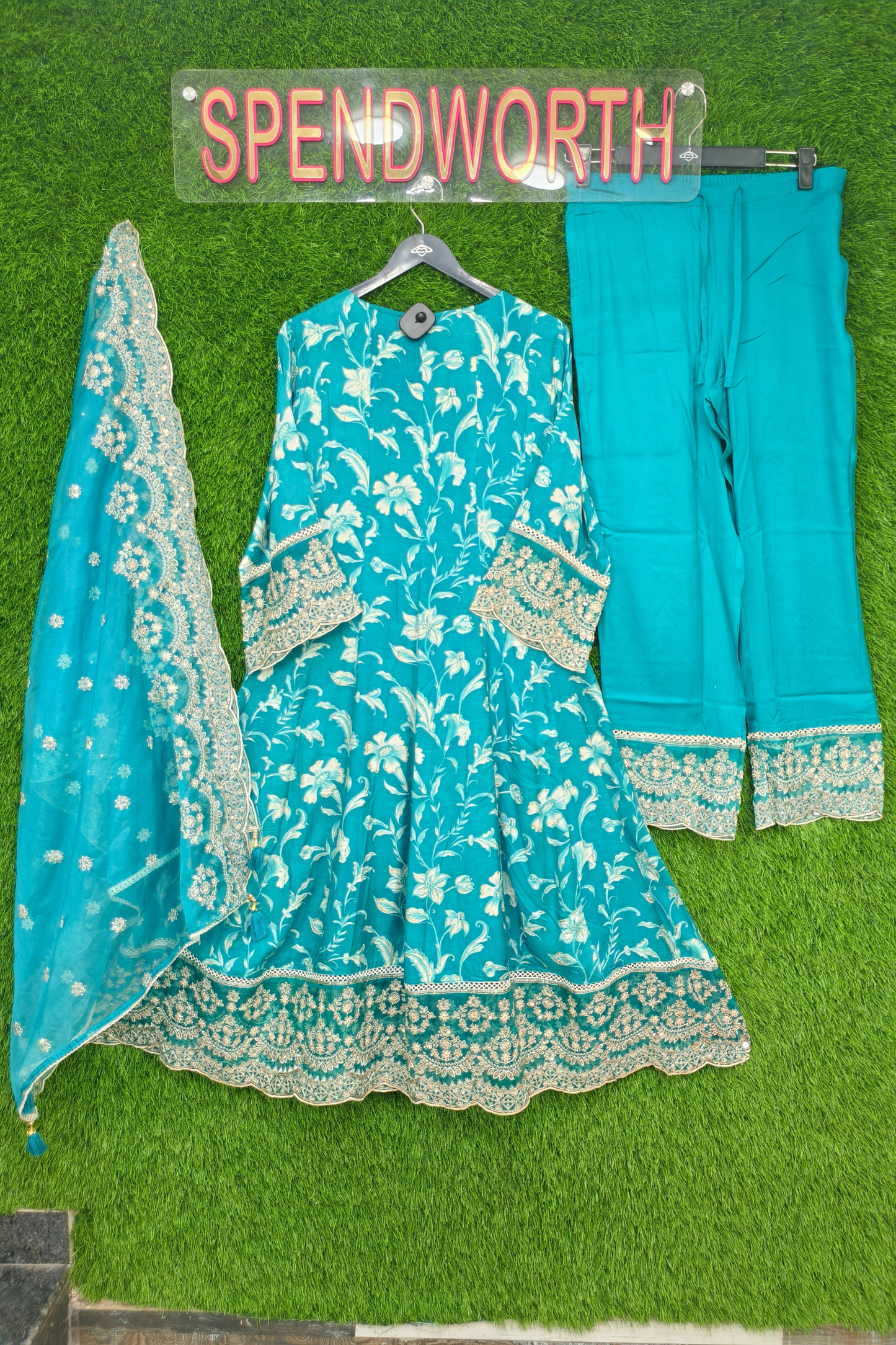 Beautiful Anarkali mirror and crochet lace embroidered kurta set with pants and dupatta