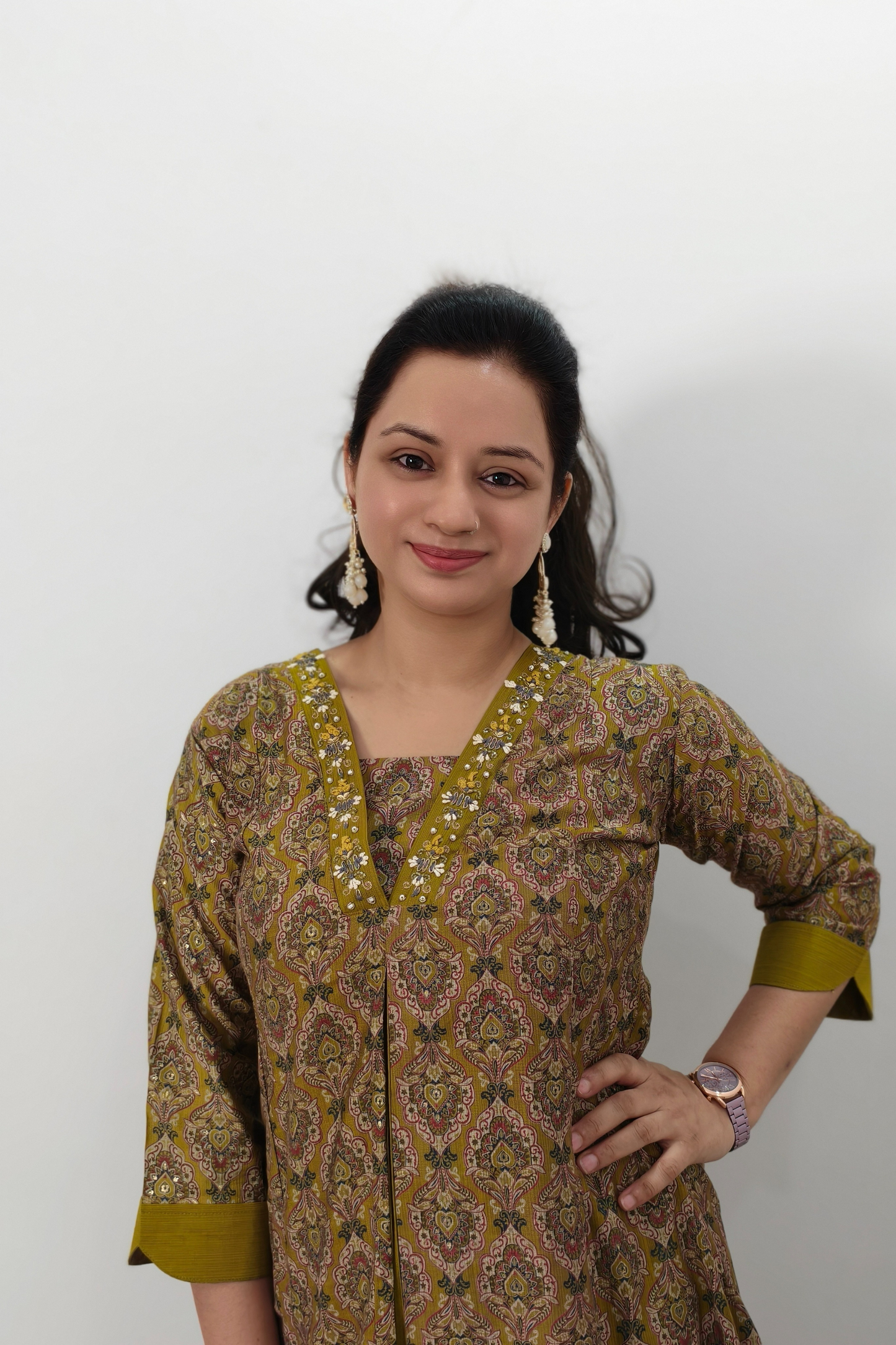 Stylish Silk Printed Aline Kurta Set in Mehndi Colour