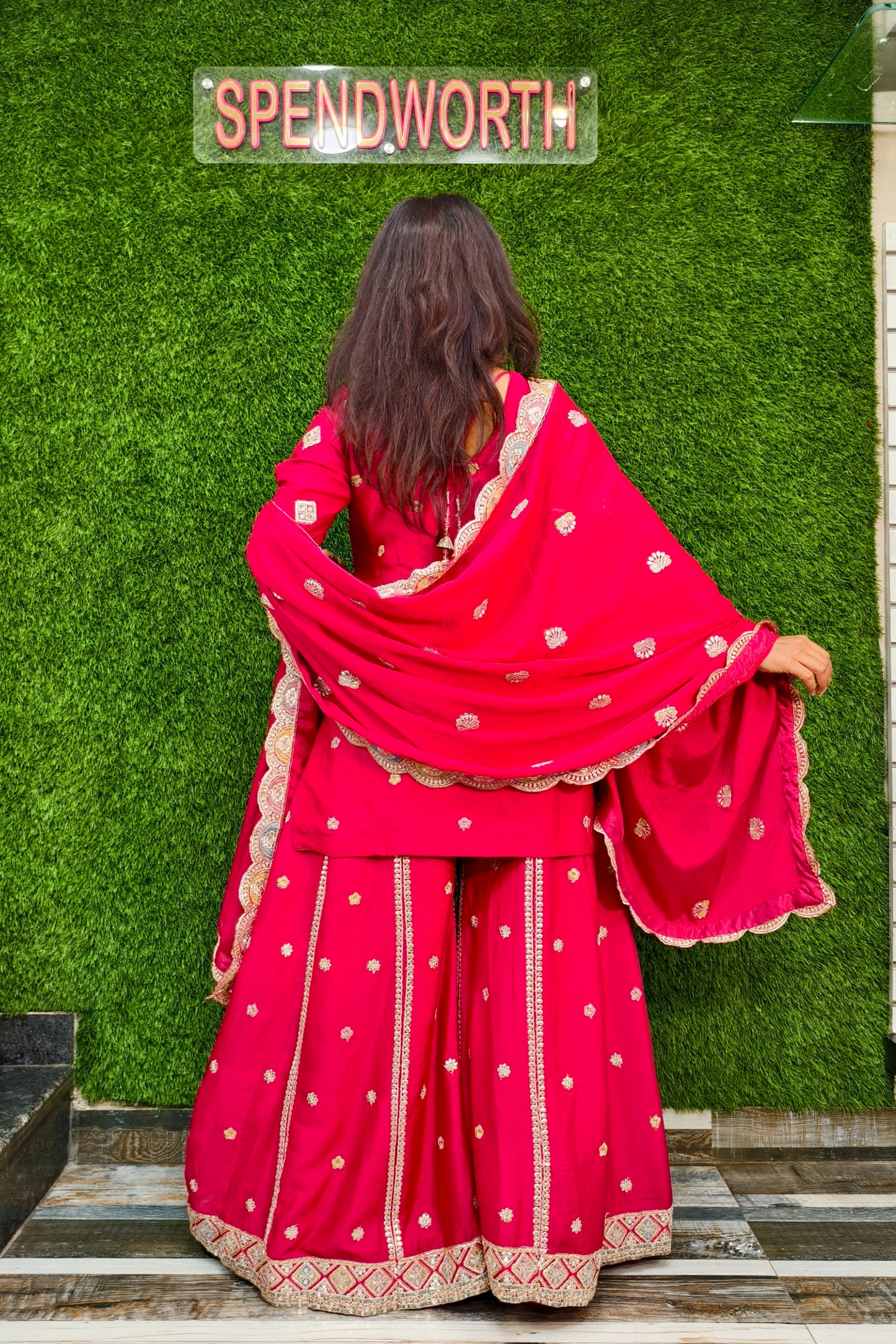 Beautiful Contrast Embroidery Sharara suit in Hot Pink.