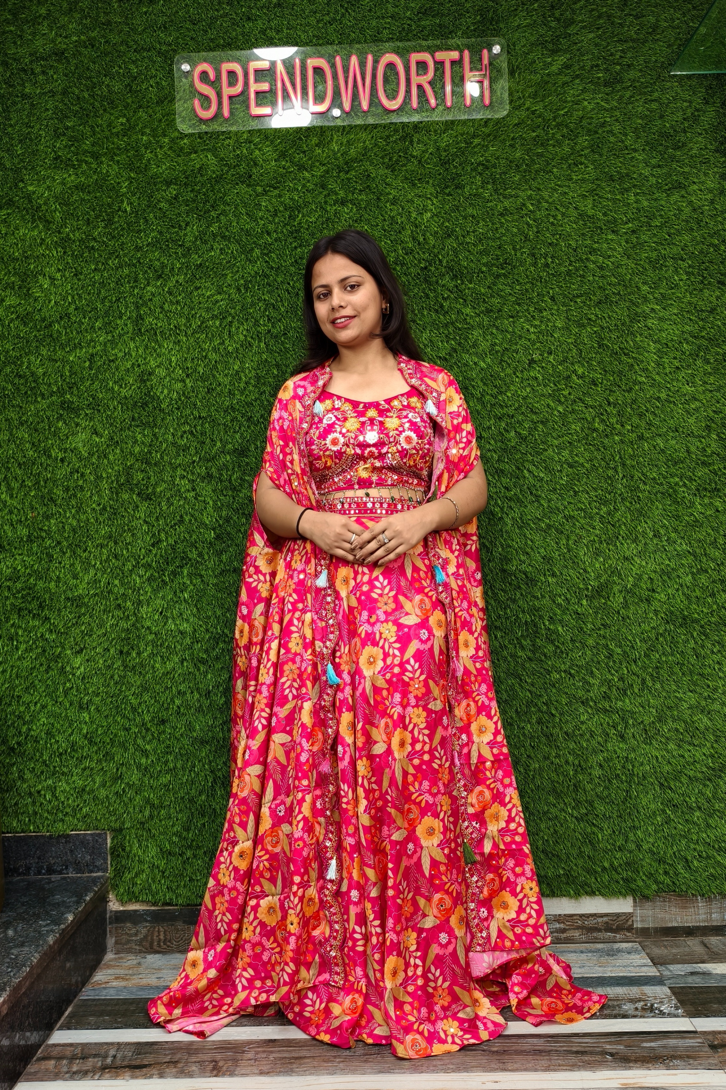 Printed Crop Top Skirt with Shrug for Sangeet Ceremony