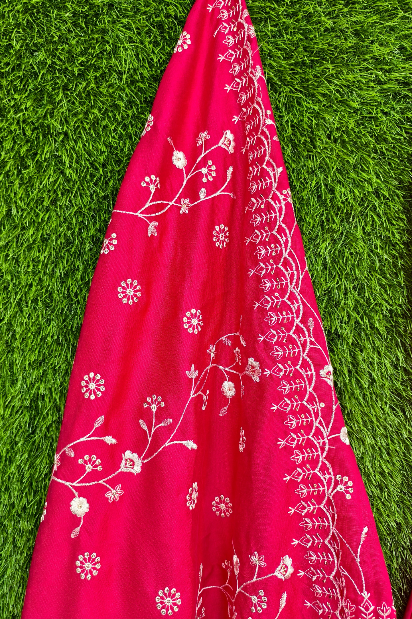 Straight Silk Embroidered V-neck design Pakistani suit with pants and dupatta
