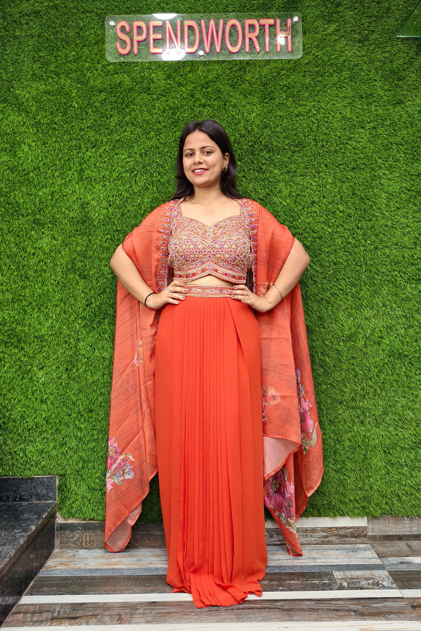 Beautiful Indo western dress with shrug in orange