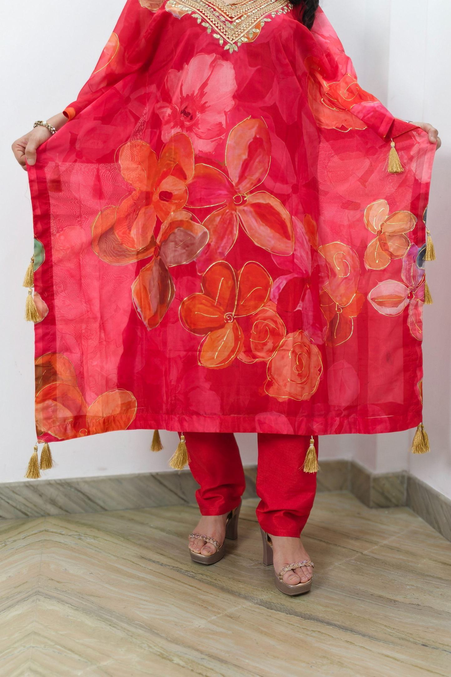 Beautiful Party Wear Kaftan Set with Mirror Work Embroidery