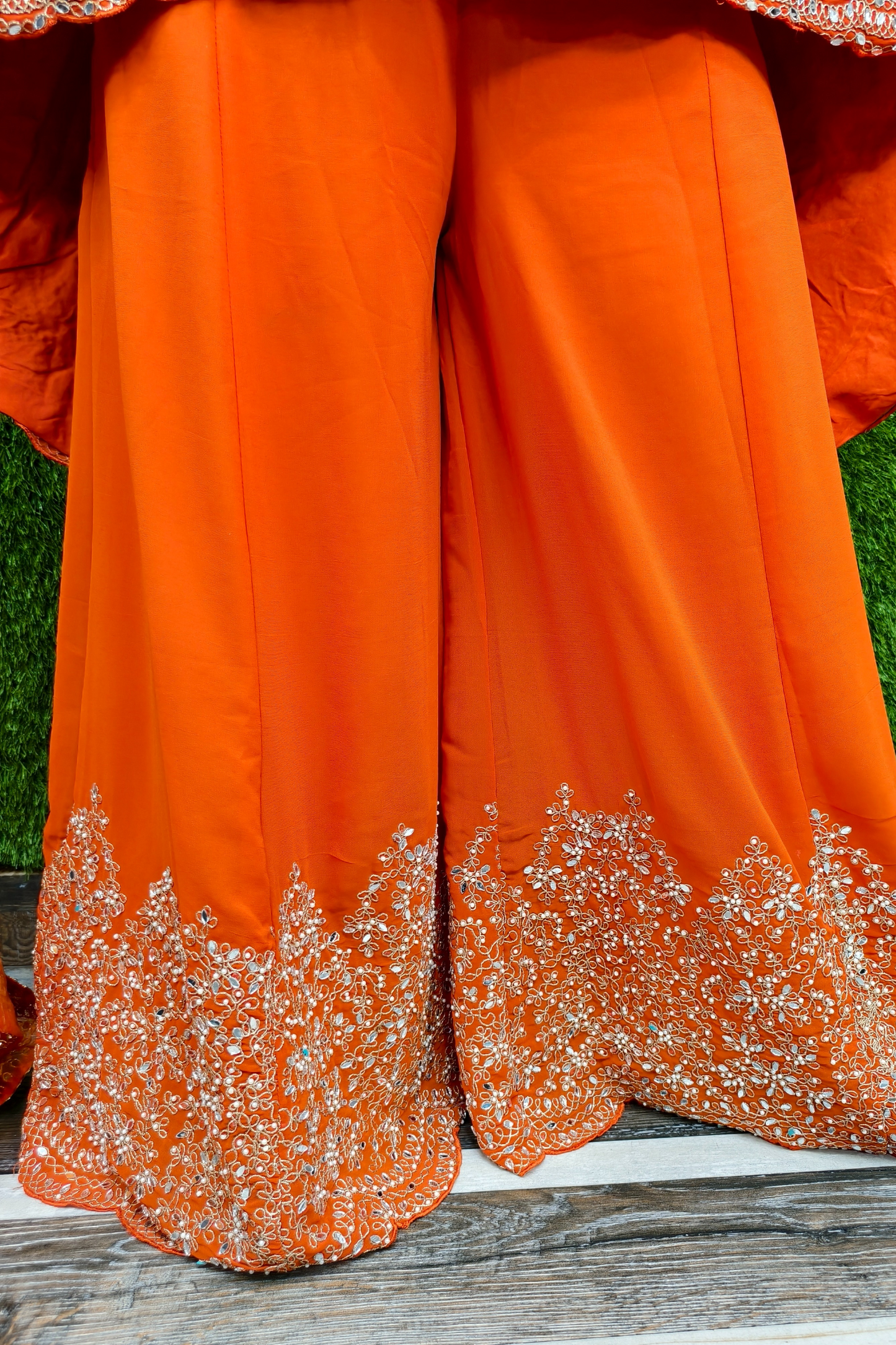 Mirror work Tail Cut Sharara suit in Orange.