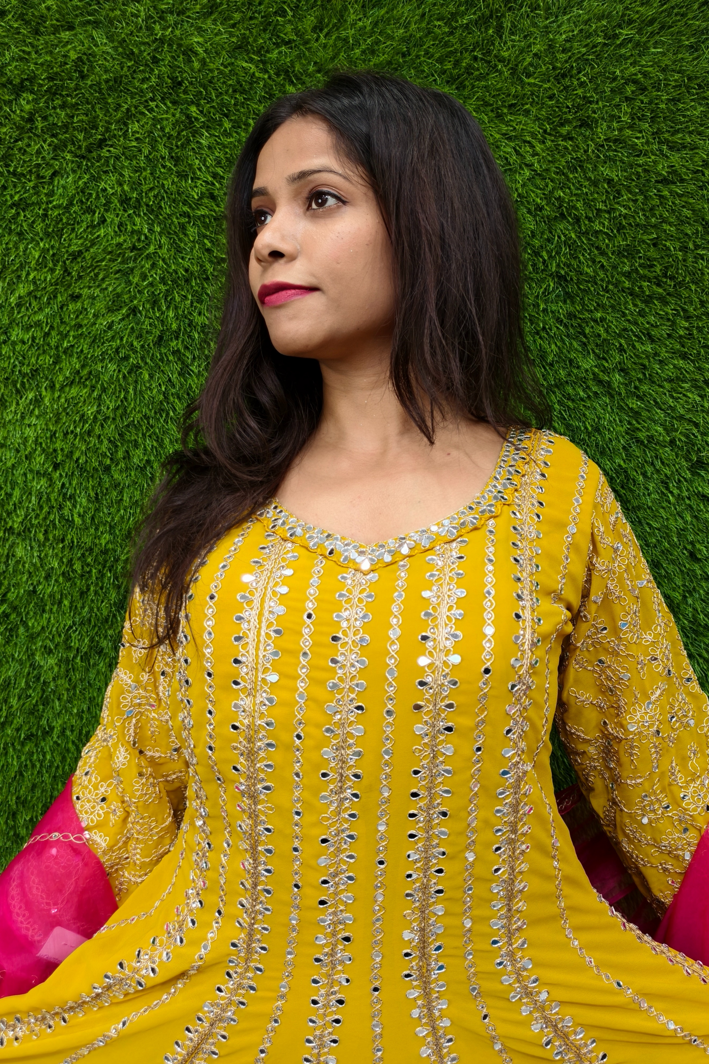 Mirror Work long Anarkali Partywear Suit with PLazo.