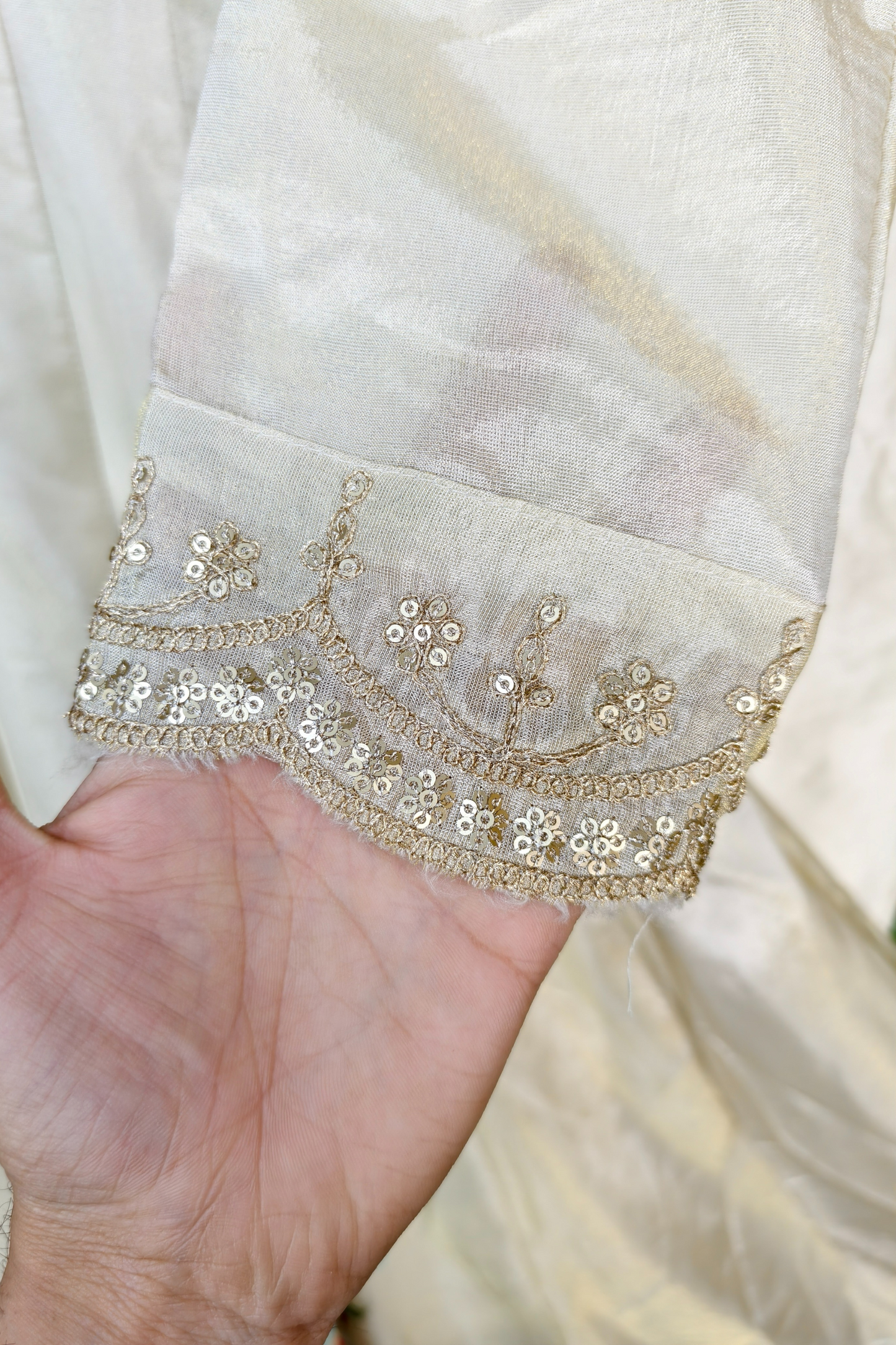 V Neck Embroidered Tissue Silk Kurta with Pants and Dupatta