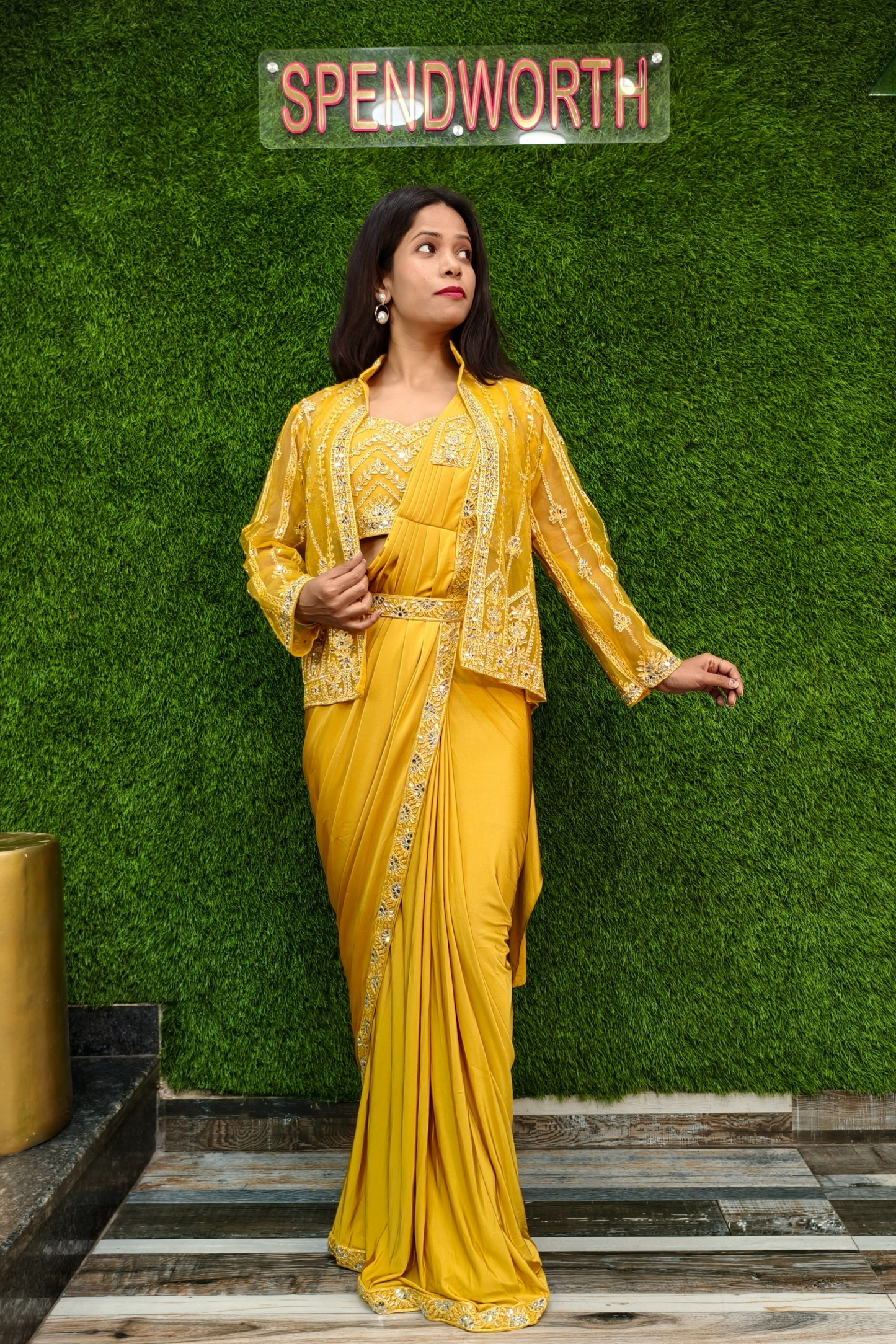 Drape Dress with Jacket For Haldi Ceremony.