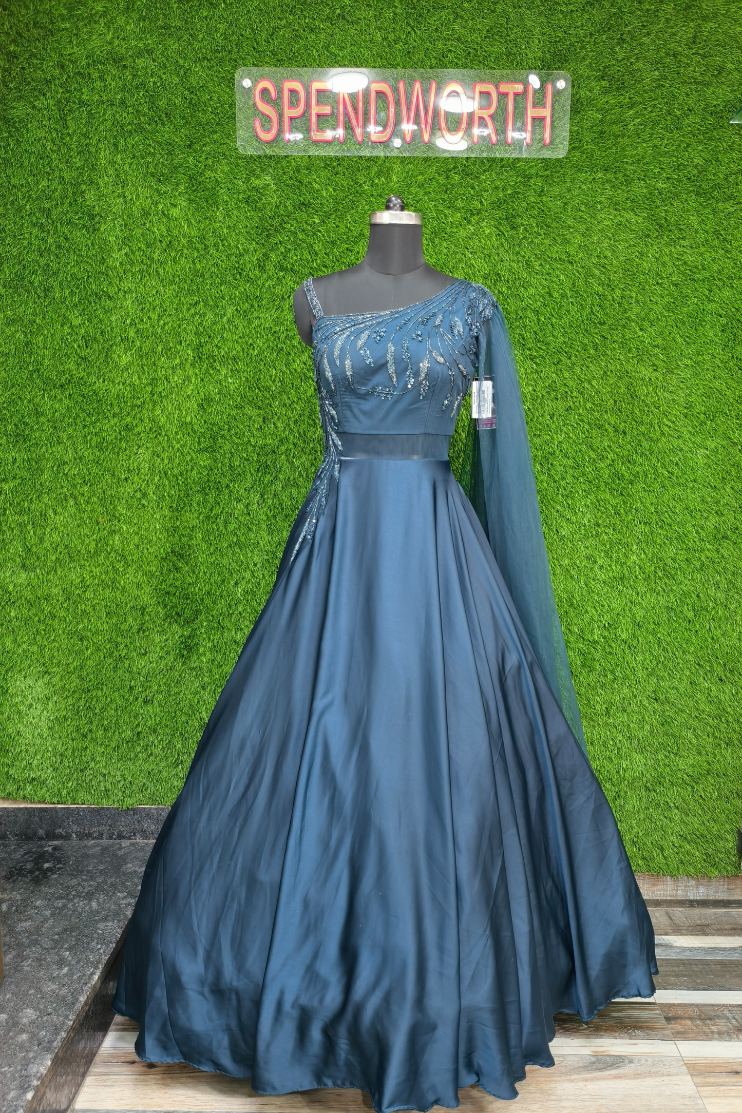 One side Shoulder Heavy Flare Embroidered Gown