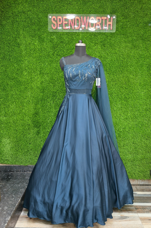 One side Shoulder Heavy Flare Embroidered Gown