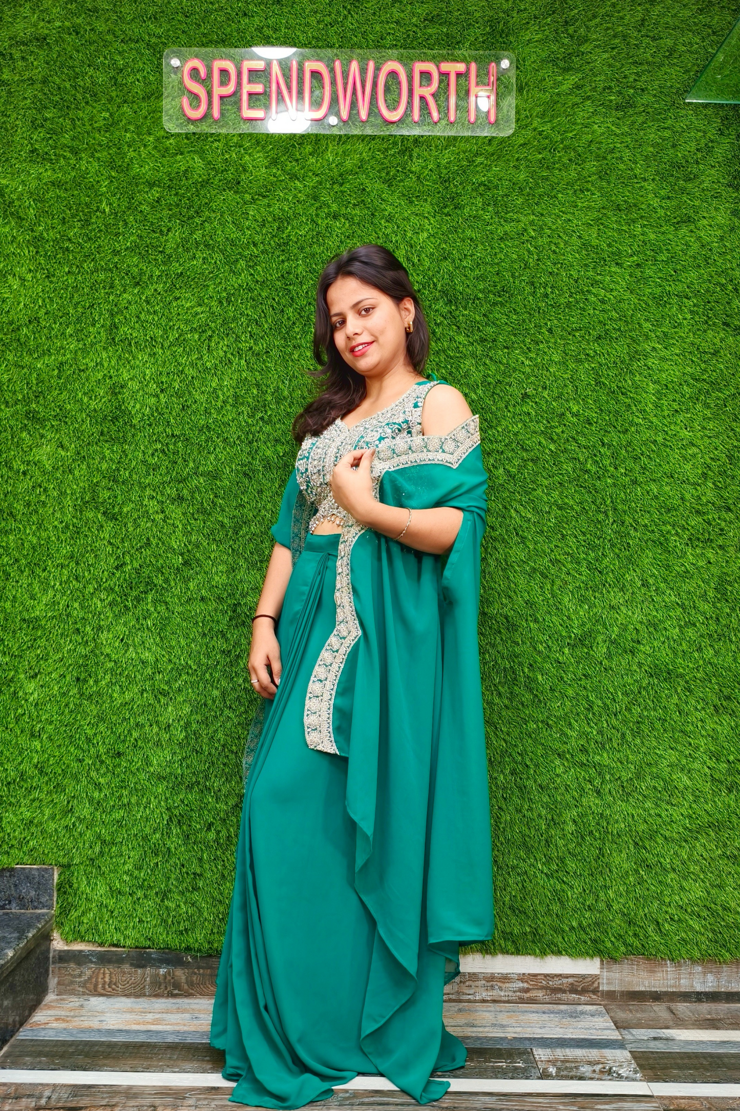 Indo Western Dress with Shrug in Firozi