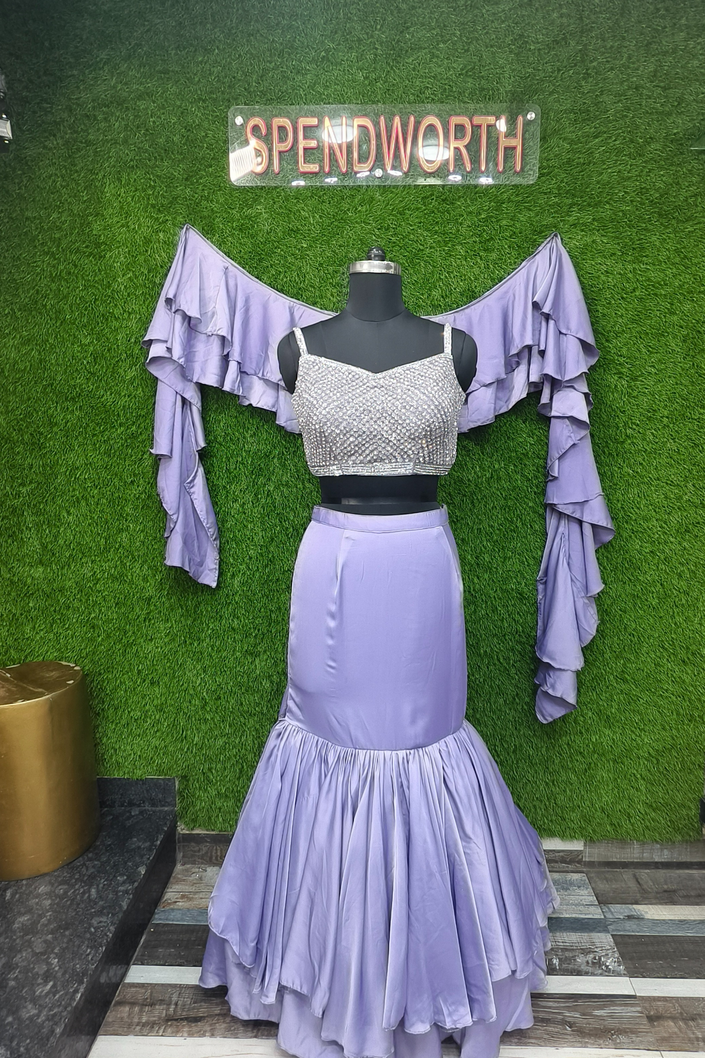Fish Cut Crop Top Skirt Dress in purple