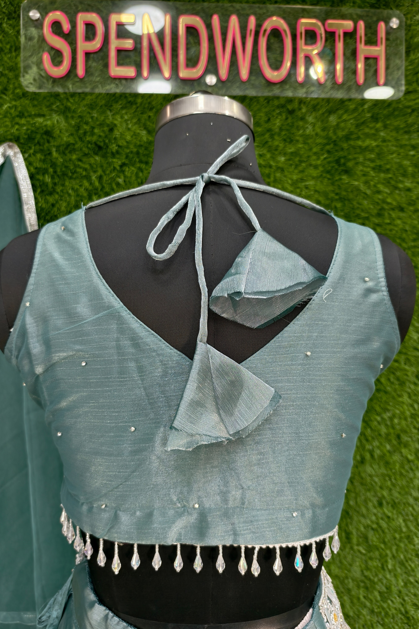 Box Pleated Crop Top Skirt with Hand Work Blouse