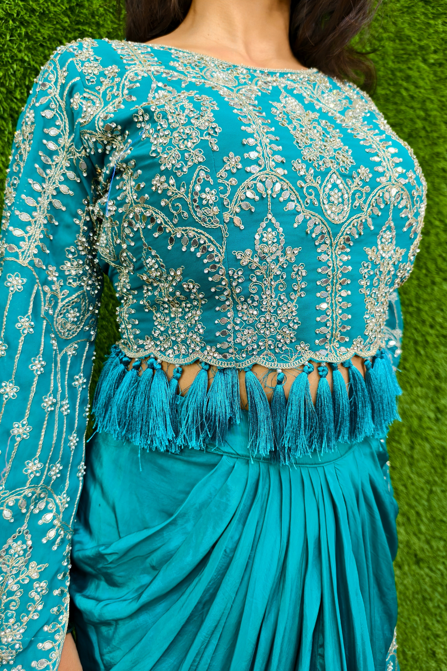 Designer crop top skirt with long sleeves