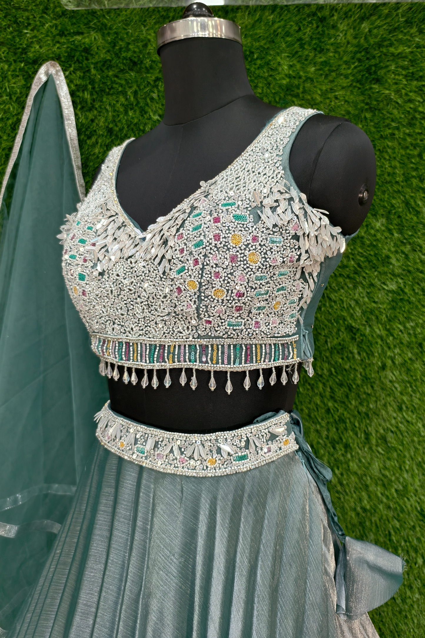 Box Pleated Crop Top Skirt with Hand Work Blouse