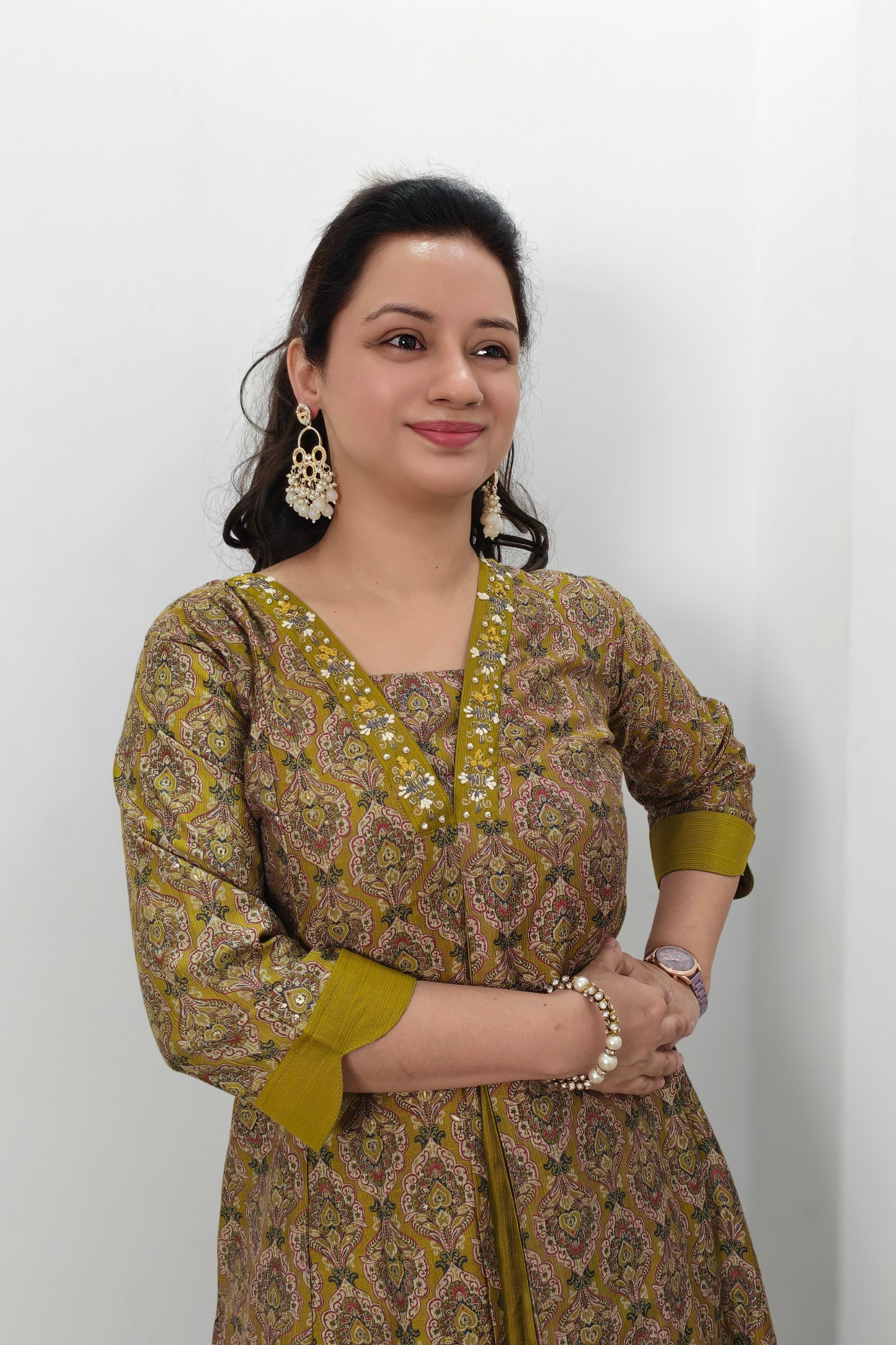Stylish Silk Printed Aline Kurta Set in Mehndi Colour