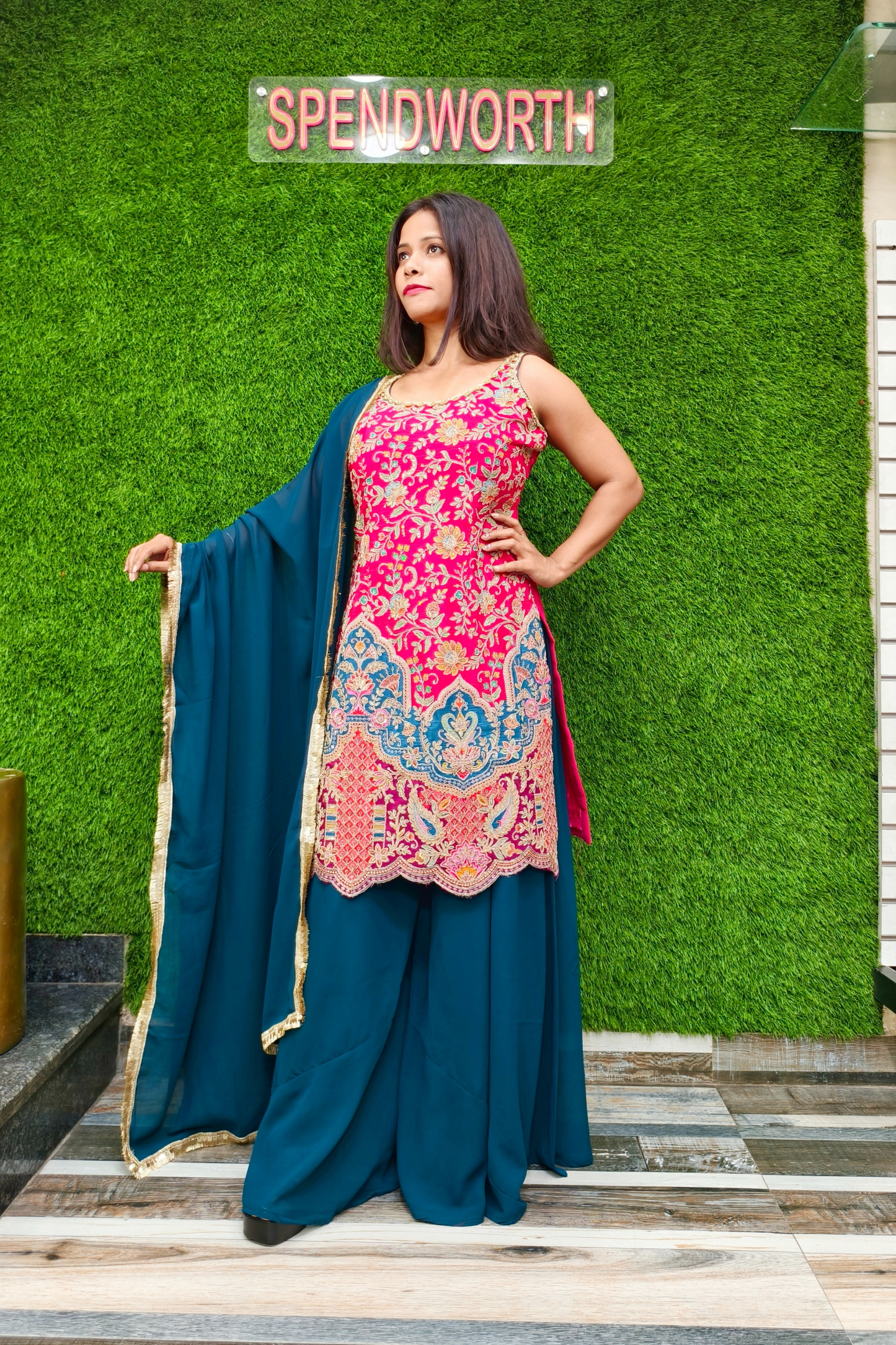 Beautiful Partywear Contrast Sharara Suit in hot Pink