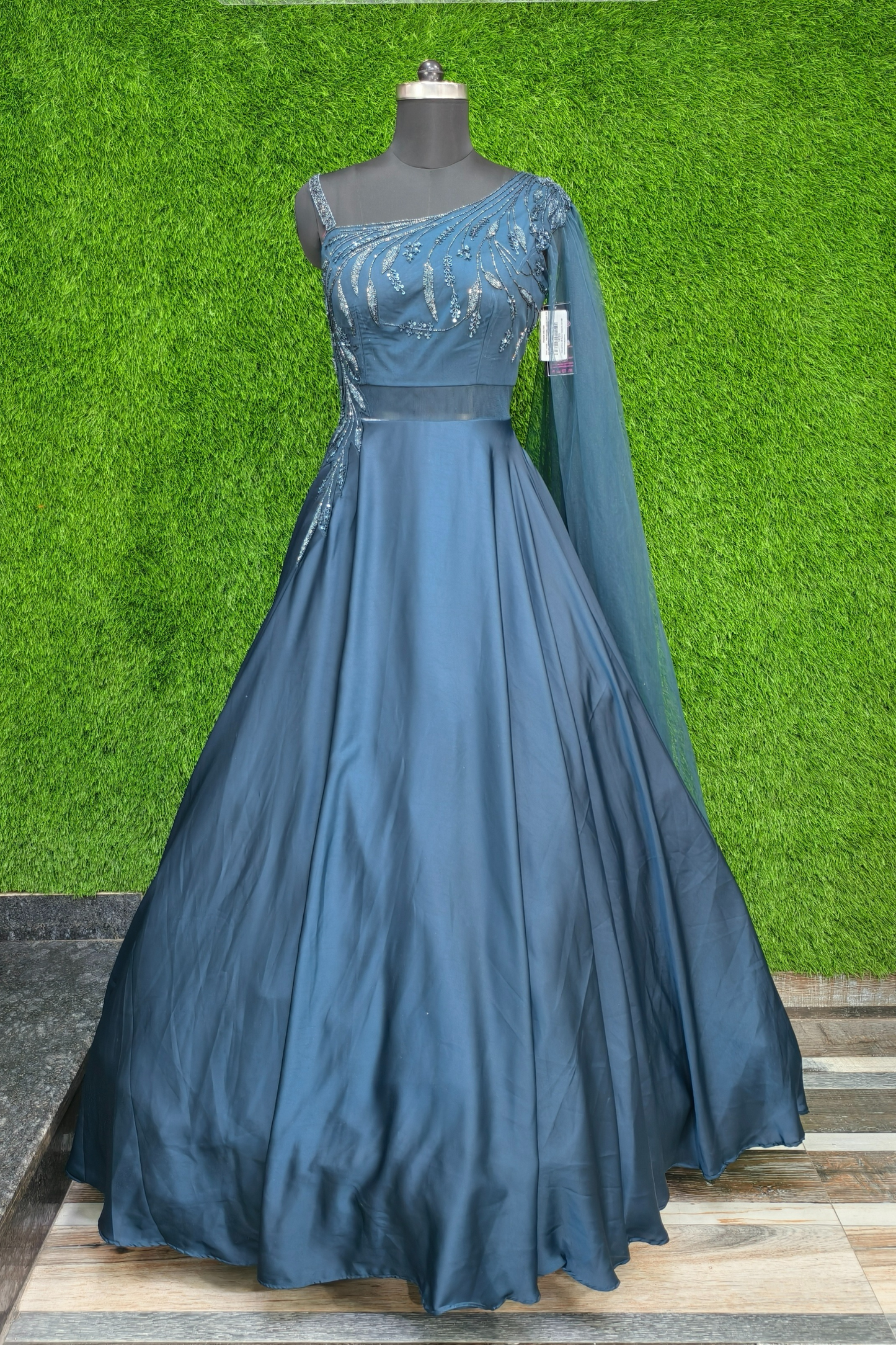 One side Shoulder Heavy Flare Embroidered Gown