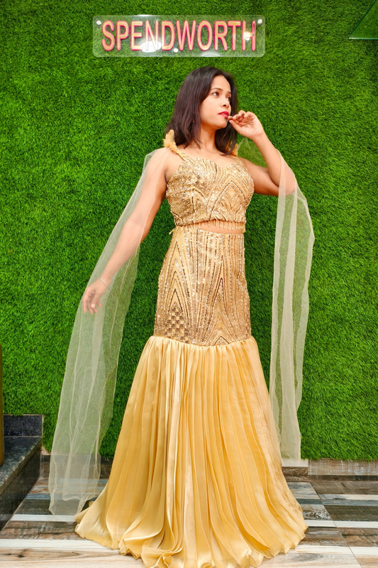 Designer fish cut crop top skirt in Organza