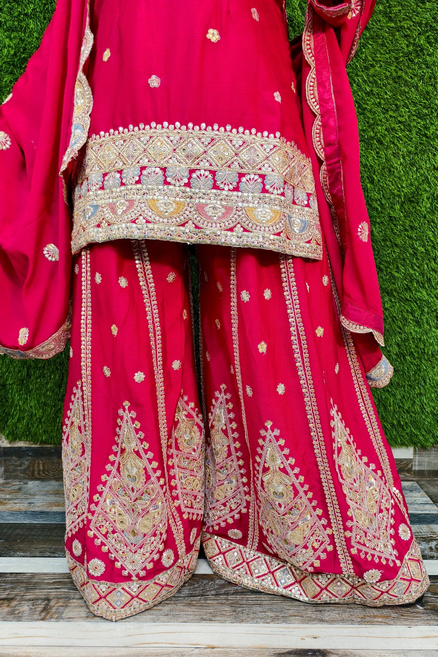 Beautiful Contrast Embroidery Sharara suit in Hot Pink.