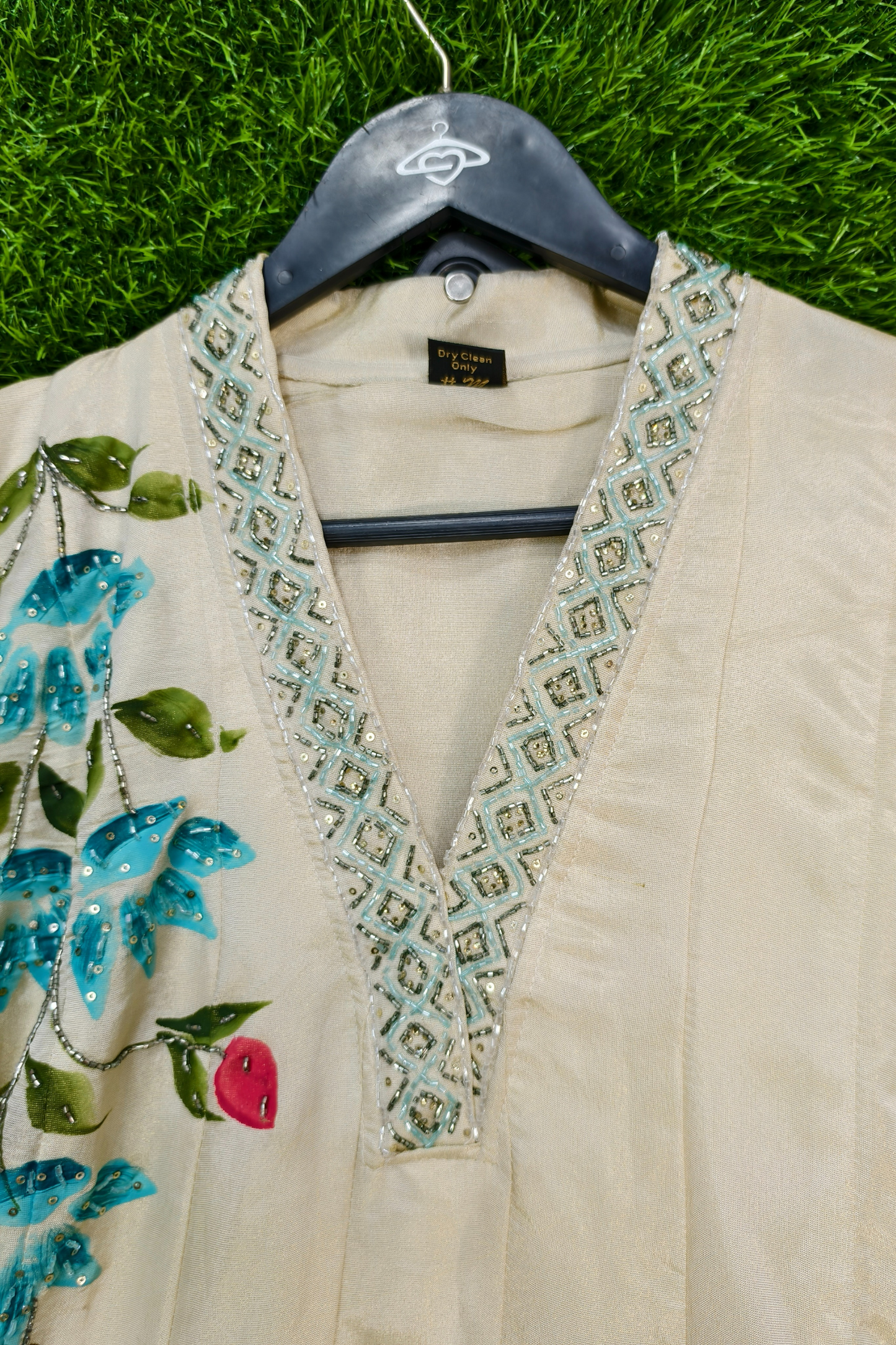 V Neck Embroidered Tissue Silk Kurta with Pants and Dupatta