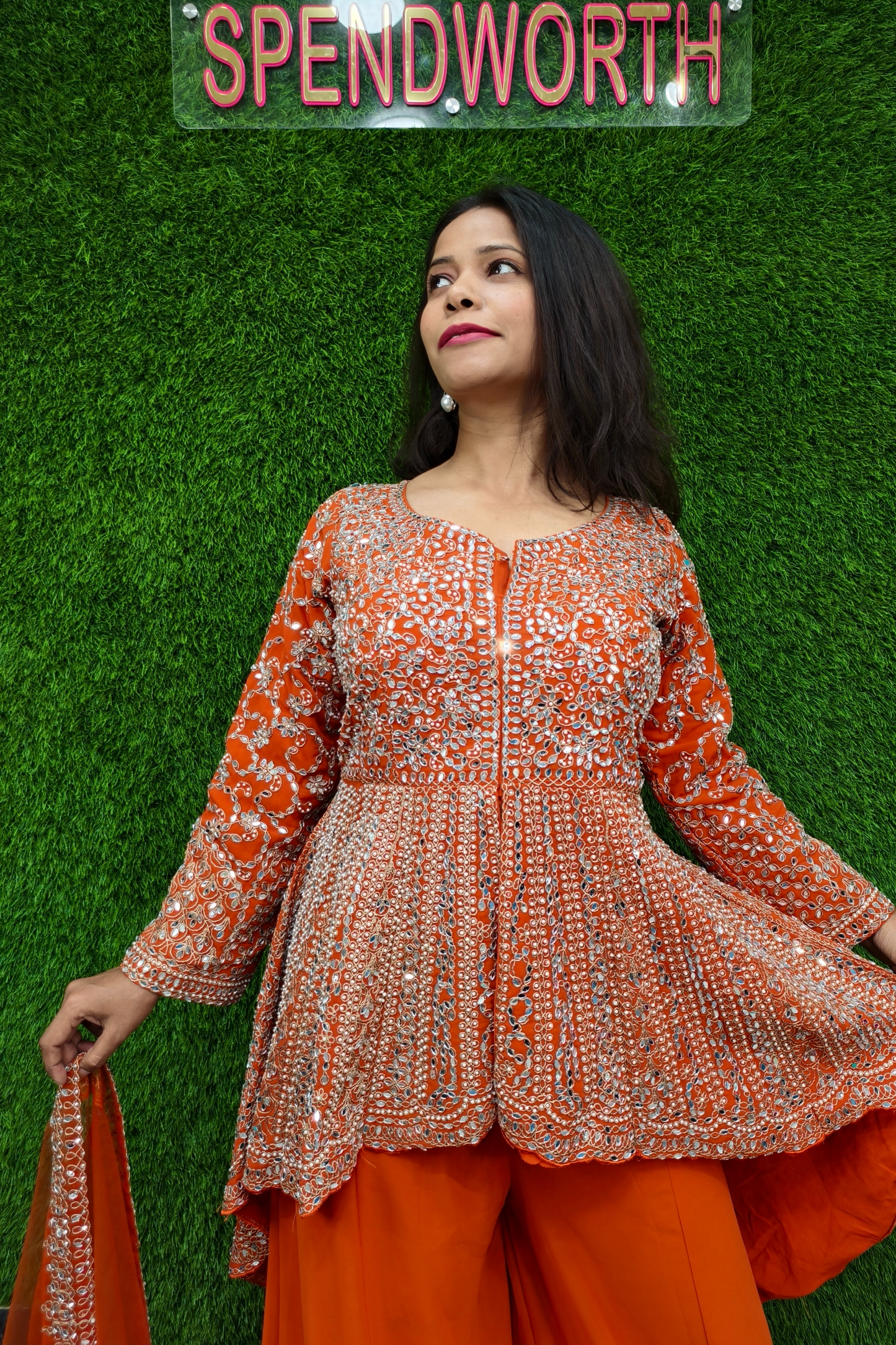 Mirror work Tail Cut Sharara suit in Orange.
