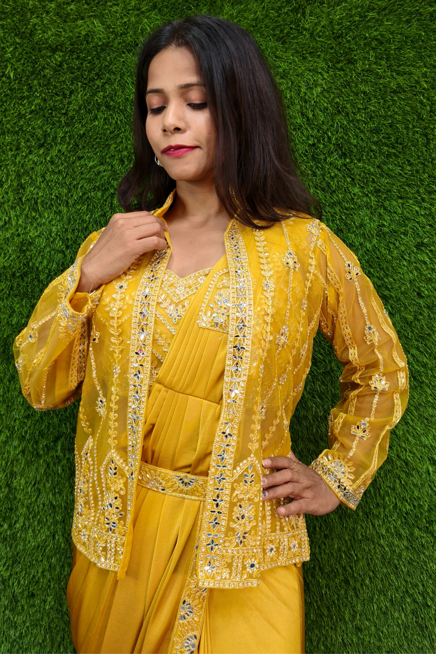 Drape Dress with Jacket For Haldi Ceremony.