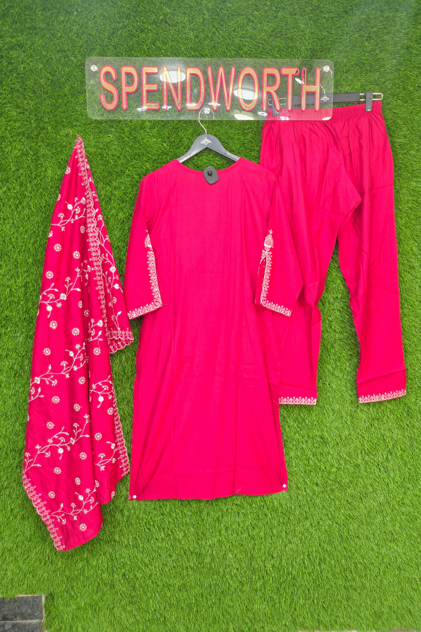 Straight Silk Embroidered V-neck design Pakistani suit with pants and dupatta