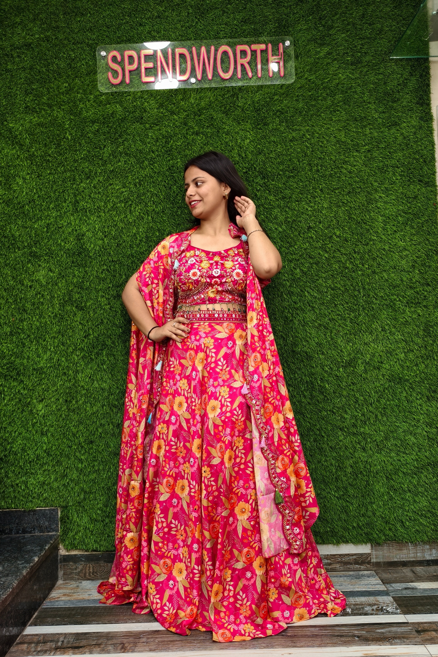 Printed Crop Top Skirt with Shrug for Sangeet Ceremony