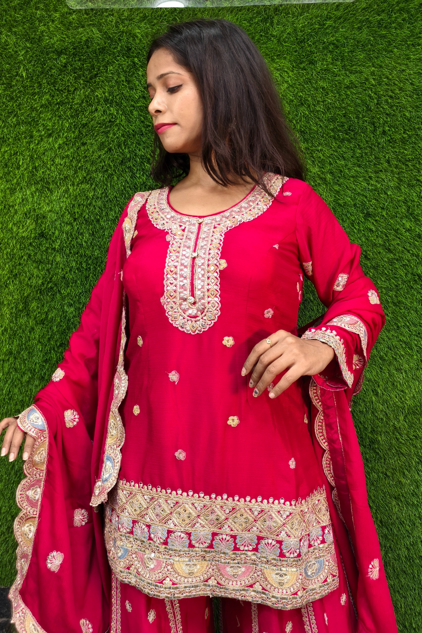 Beautiful Contrast Embroidery Sharara suit in Hot Pink.