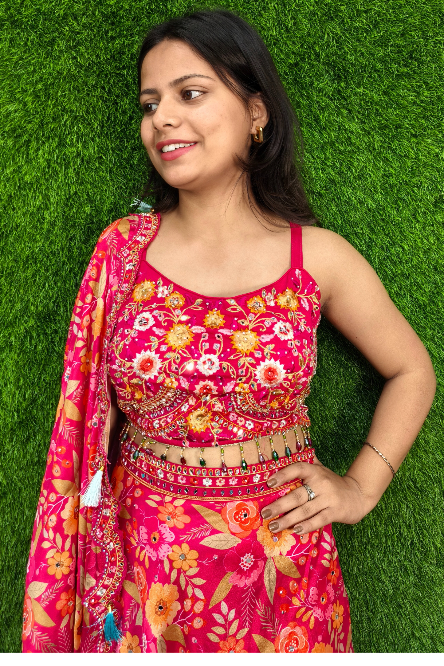 Printed Crop Top Skirt with Shrug for Sangeet Ceremony