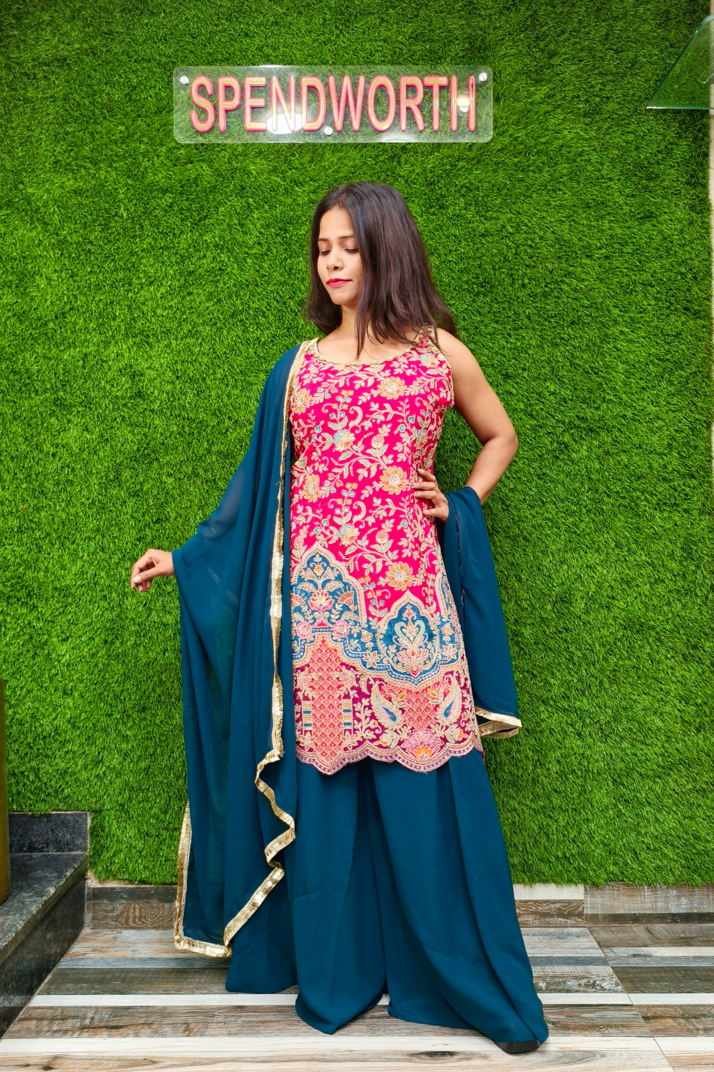 Beautiful Partywear Contrast Sharara Suit in hot Pink