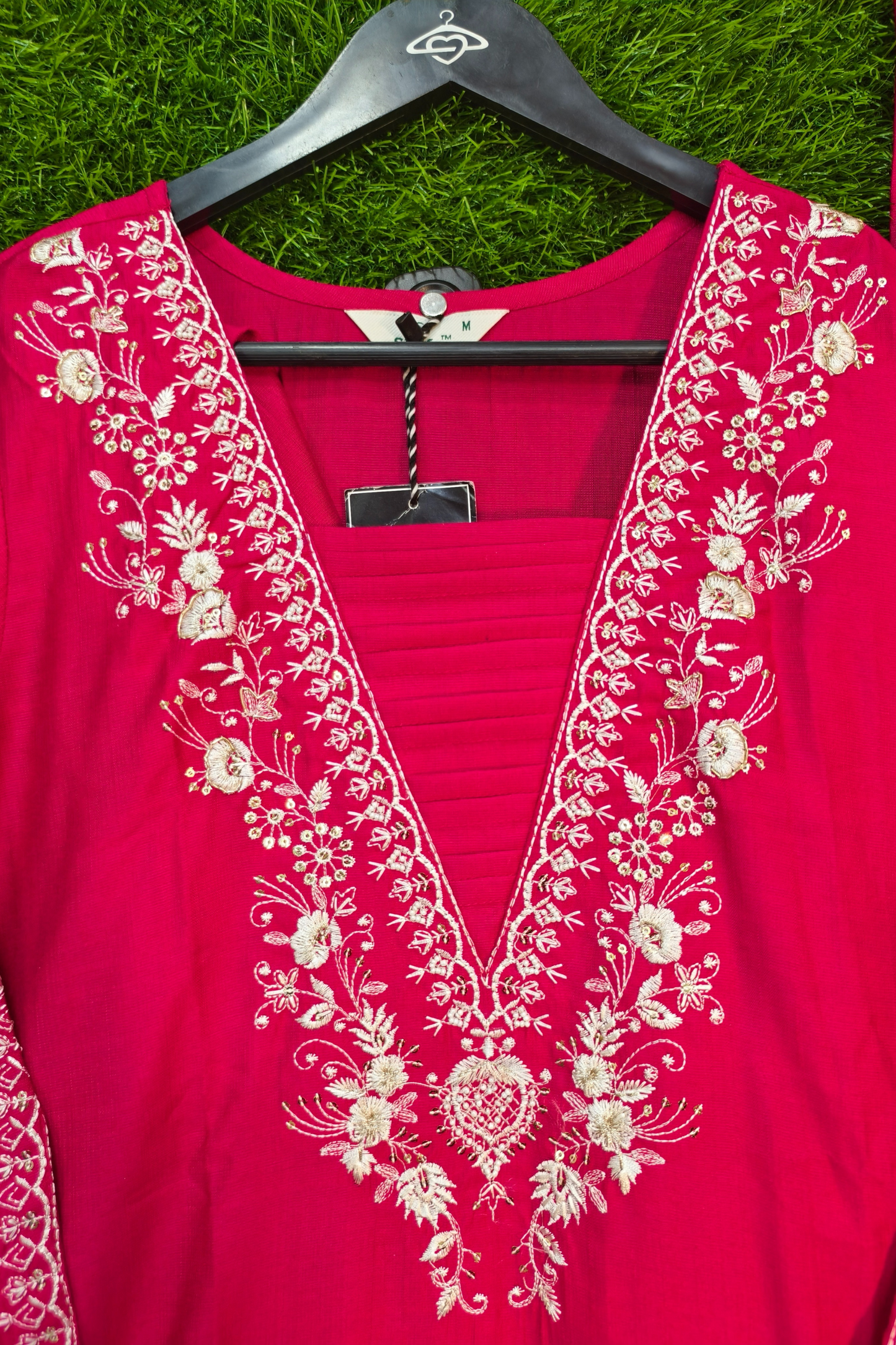 Straight Silk Embroidered V-neck design Pakistani suit with pants and dupatta