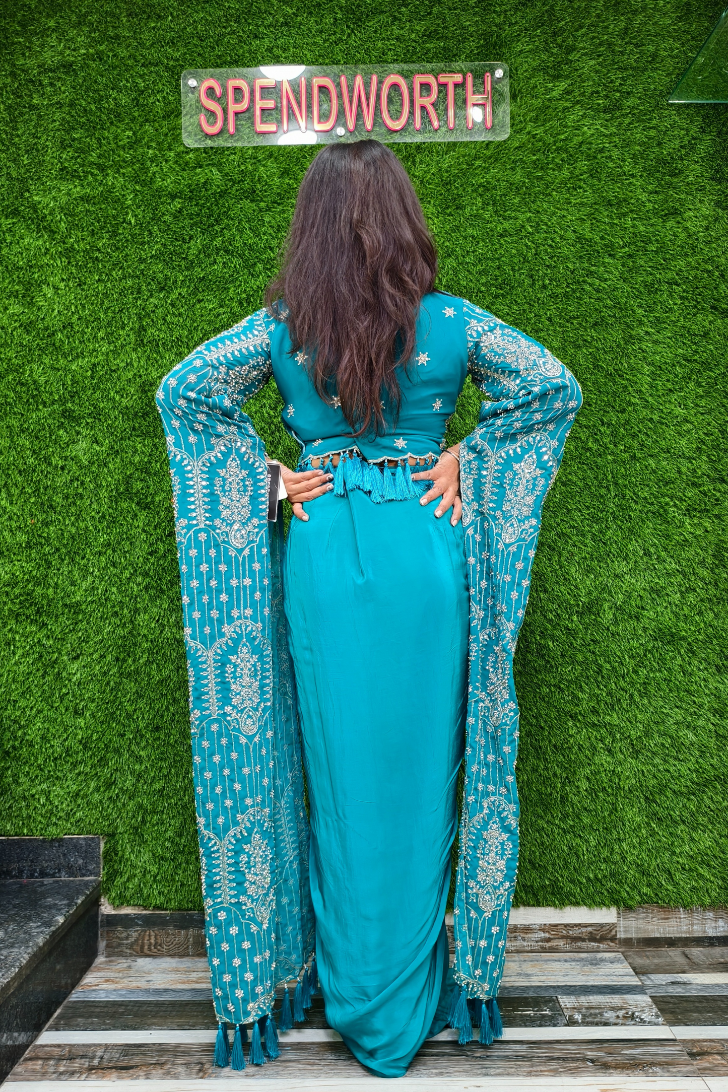 Designer crop top skirt with long sleeves