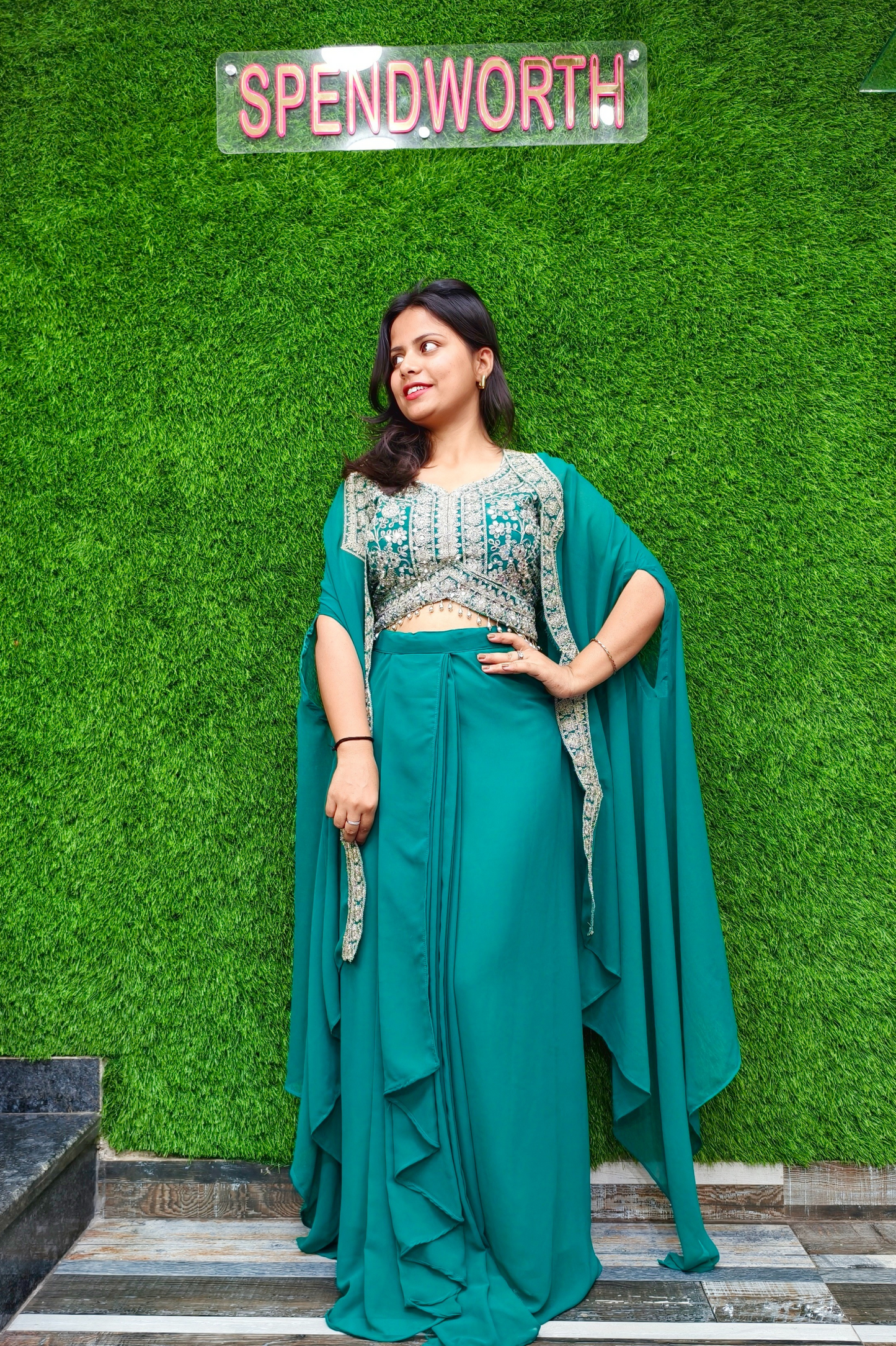 Indo Western Dress with Shrug in Firozi