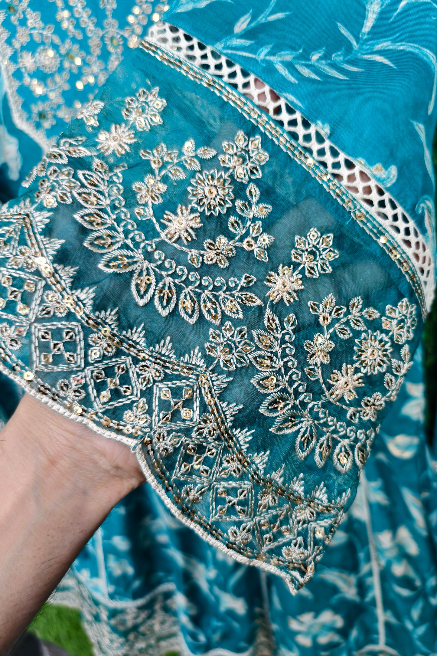 Beautiful Anarkali mirror and crochet lace embroidered kurta set with pants and dupatta