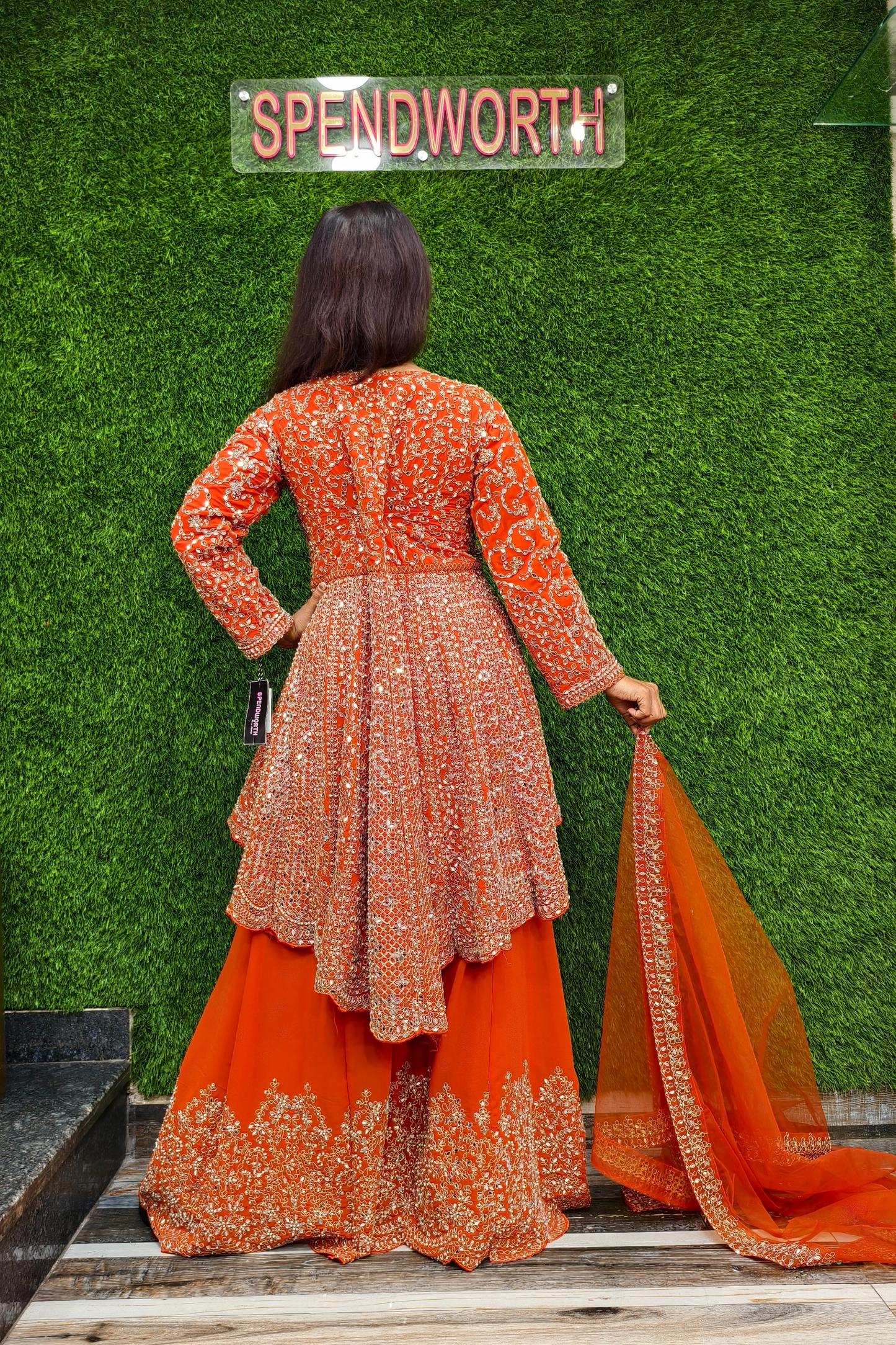 Mirror work Tail Cut Sharara suit in Orange.