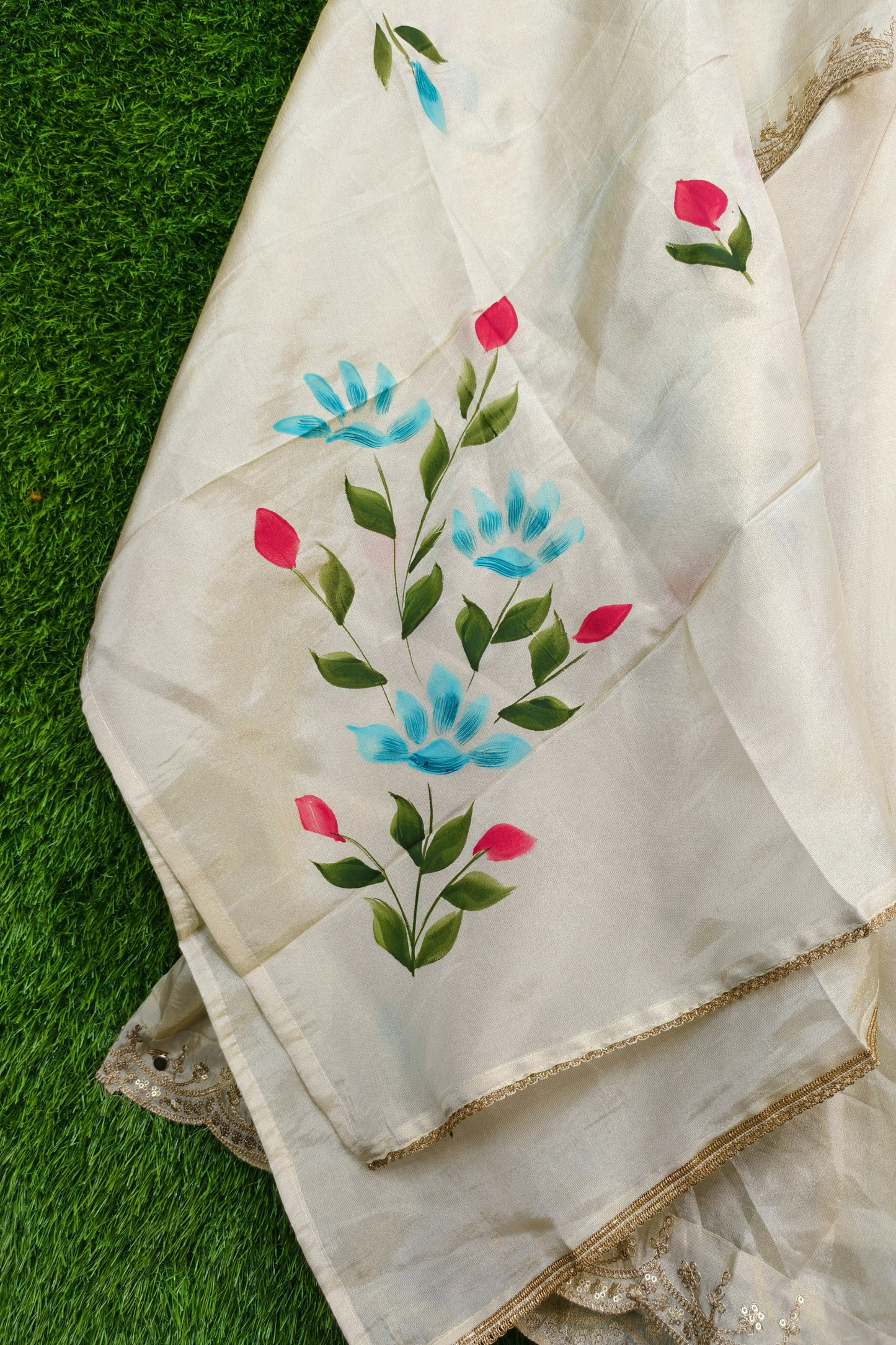 V Neck Embroidered Tissue Silk Kurta with Pants and Dupatta