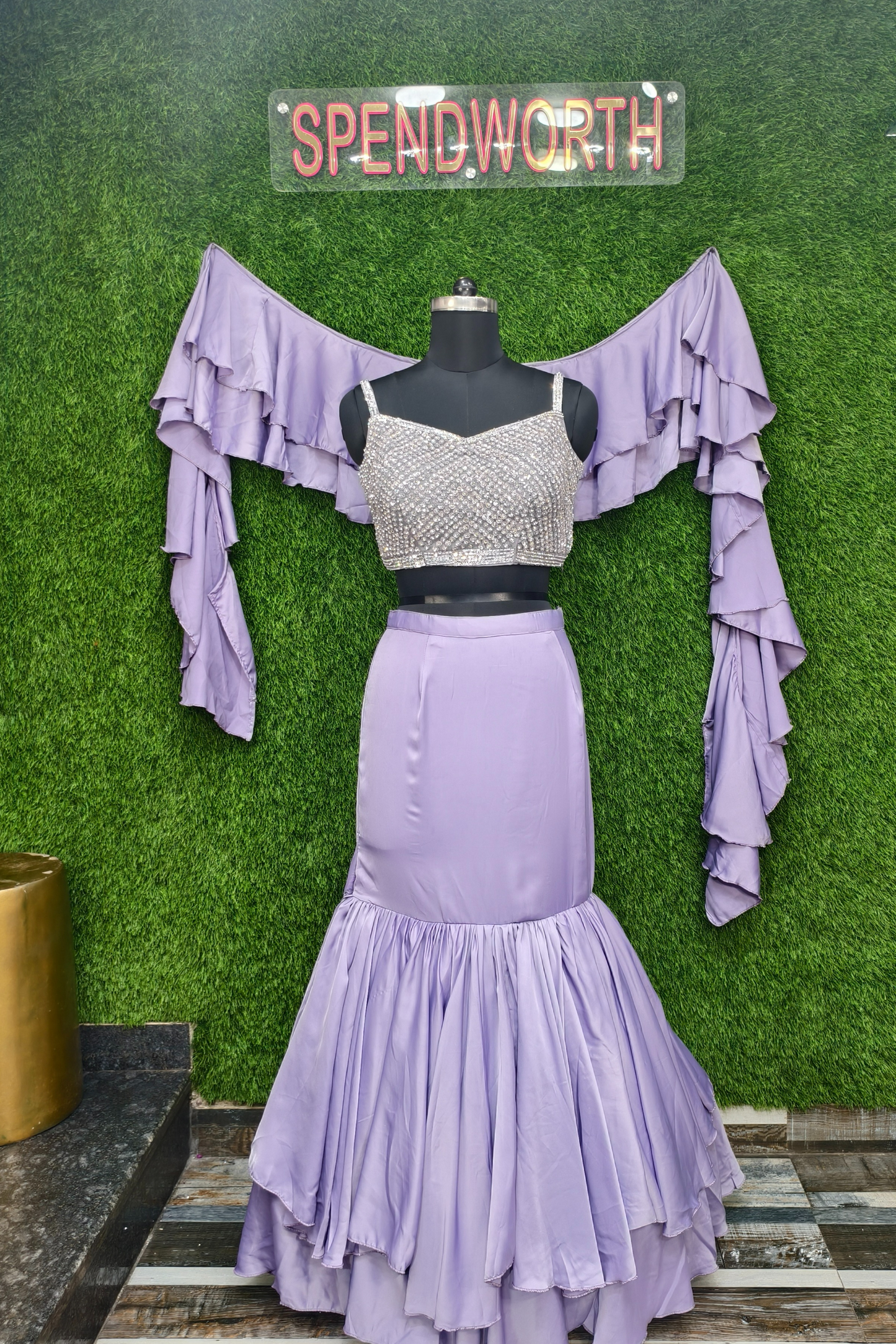 Fish Cut Crop Top Skirt Dress in purple