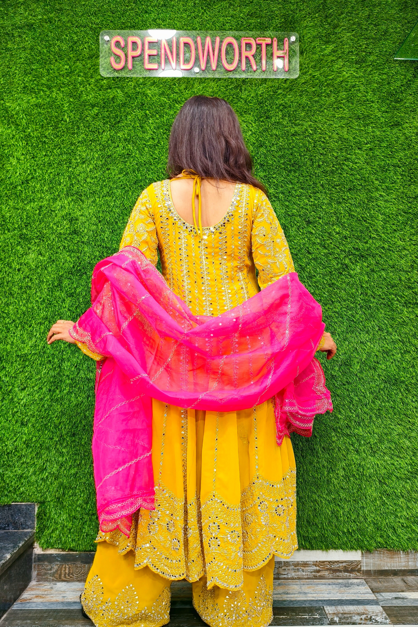Mirror Work long Anarkali Partywear Suit with PLazo.