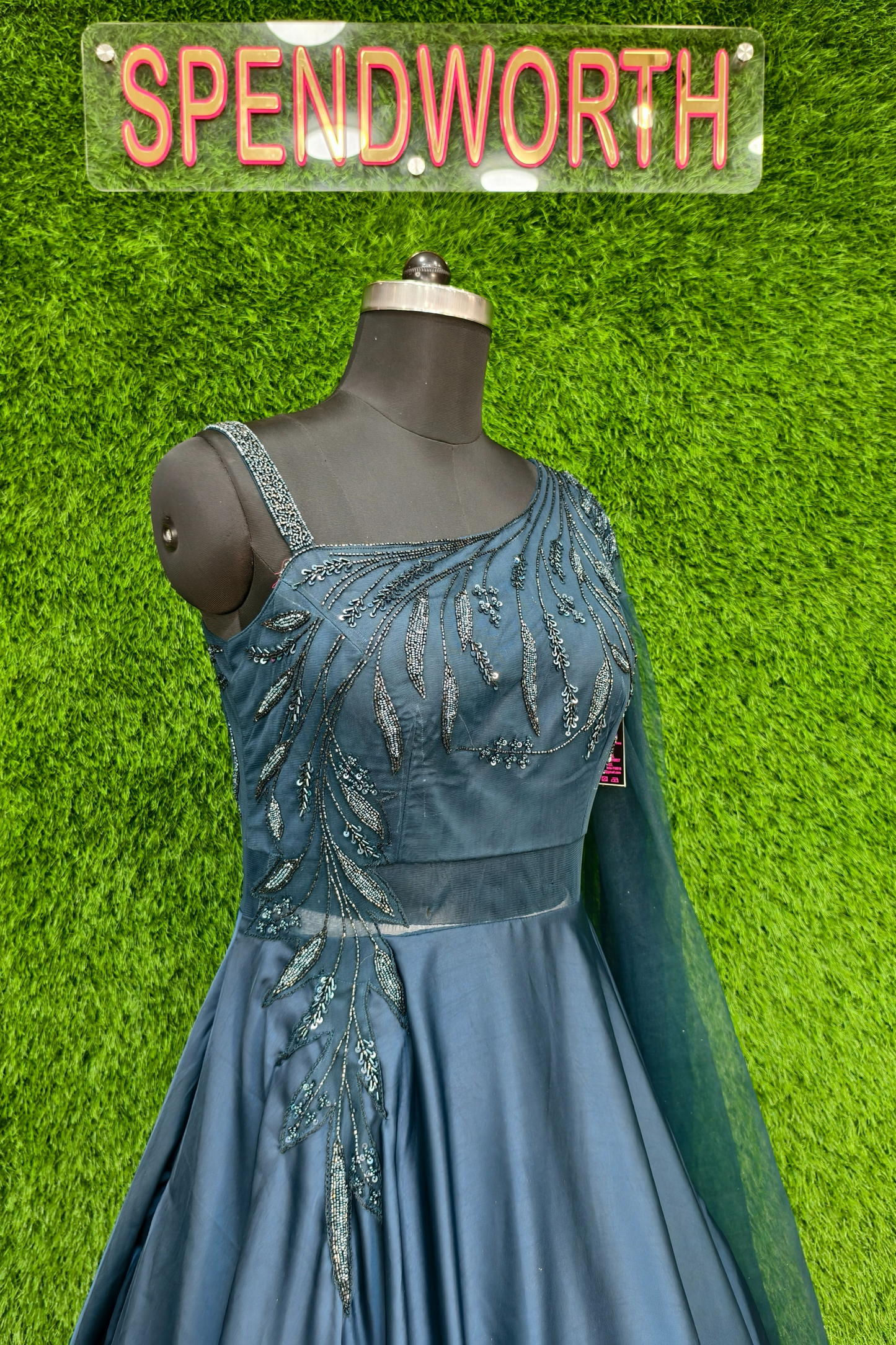 One side Shoulder Heavy Flare Embroidered Gown