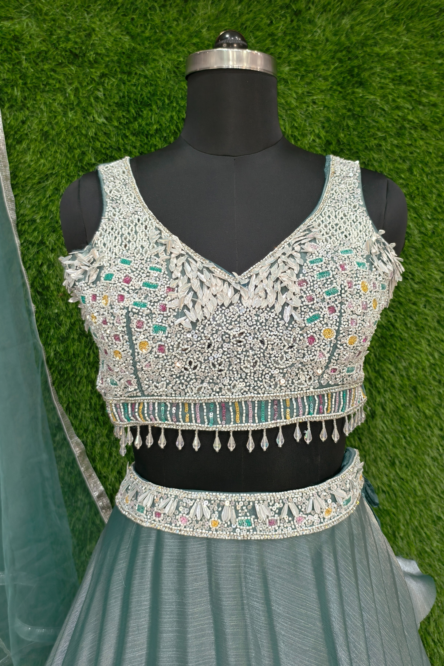 Box Pleated Crop Top Skirt with Hand Work Blouse