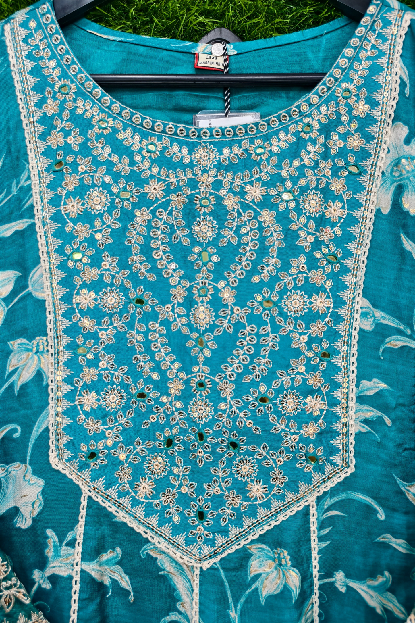 Beautiful Anarkali mirror and crochet lace embroidered kurta set with pants and dupatta
