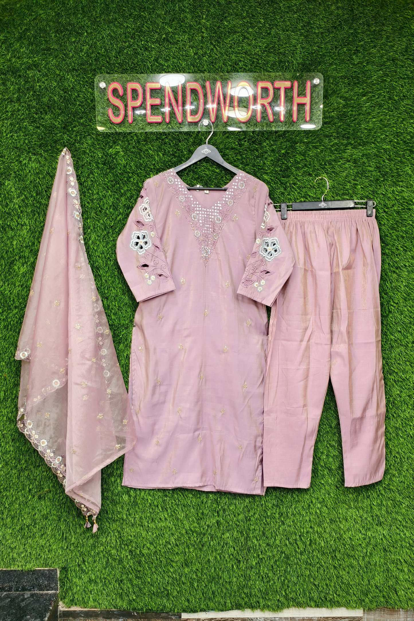 Designer Cut Work Straight Silk Kurta set with Organza Dupatta