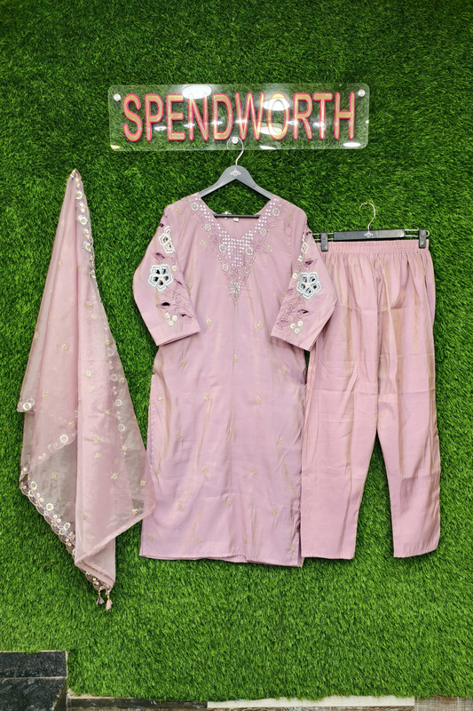 Designer Cut Work Straight Silk Kurta set with Organza Dupatta