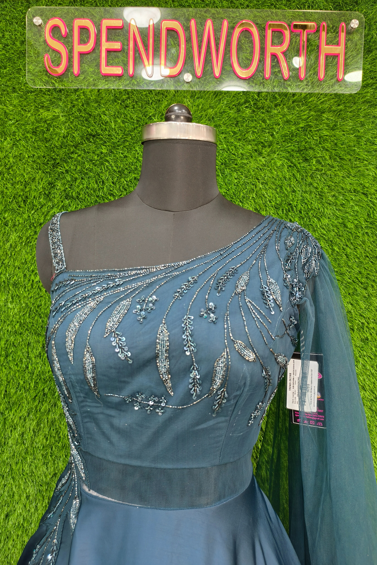 One side Shoulder Heavy Flare Embroidered Gown