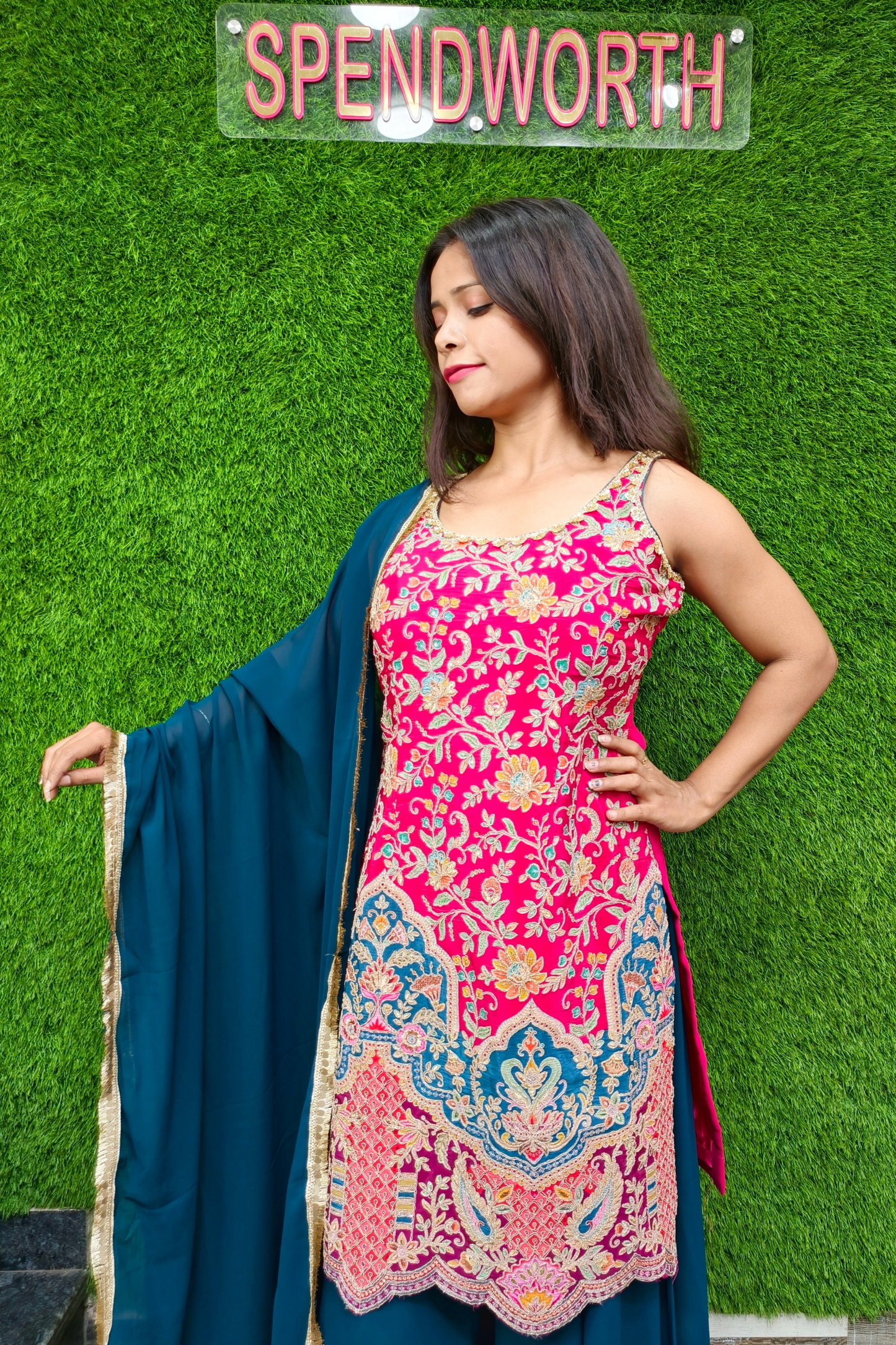 Beautiful Partywear Contrast Sharara Suit in hot Pink