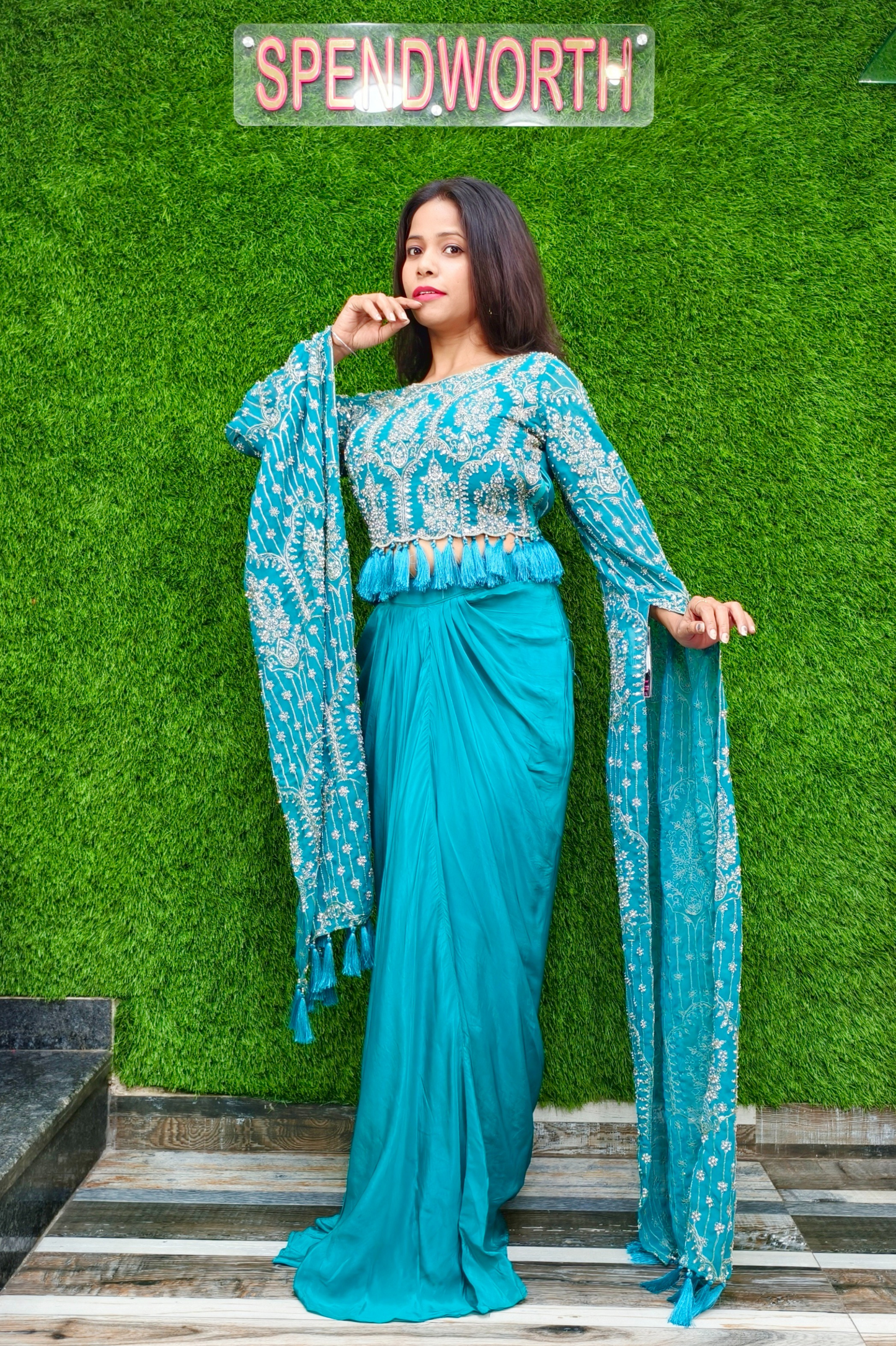 Designer crop top skirt with long sleeves